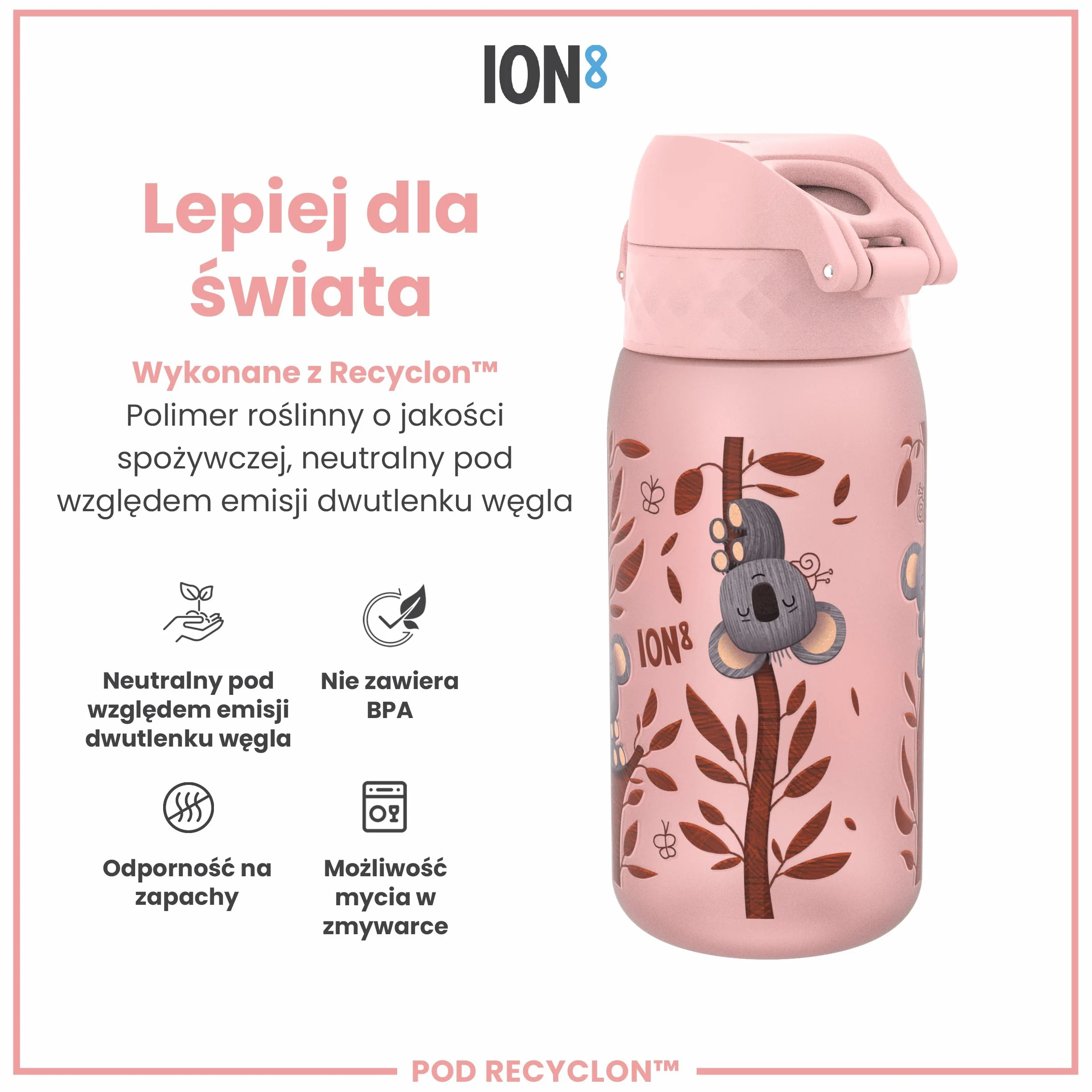 ION8 Butelka dla Dzieci, 350 ml/12 oz, Szczelna, Łatwa do Otwarcia, Bezpieczny Zamek, Można Myć w Zmywarce, Bez BPA, Uchwyt do Przenoszenia, Łatwa do Czyszczenia, Bezwonny, Koale