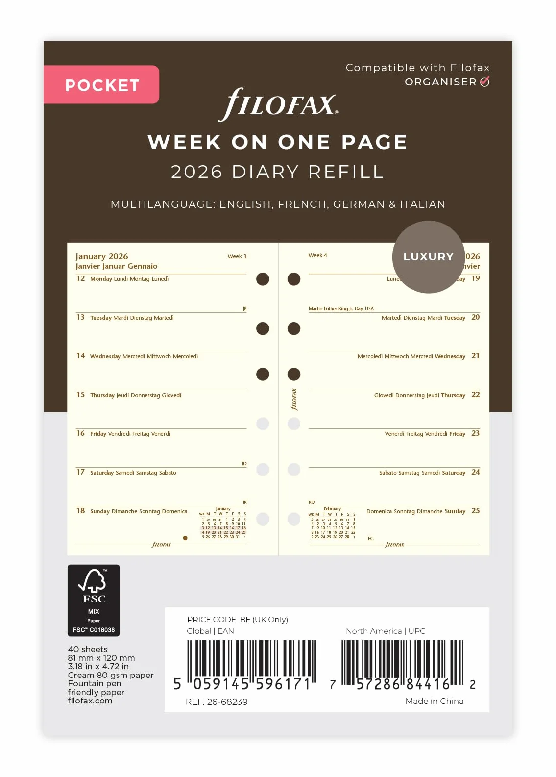 Filofax Pocket week per page 4 language cotton cream 2026 diary 26-68239