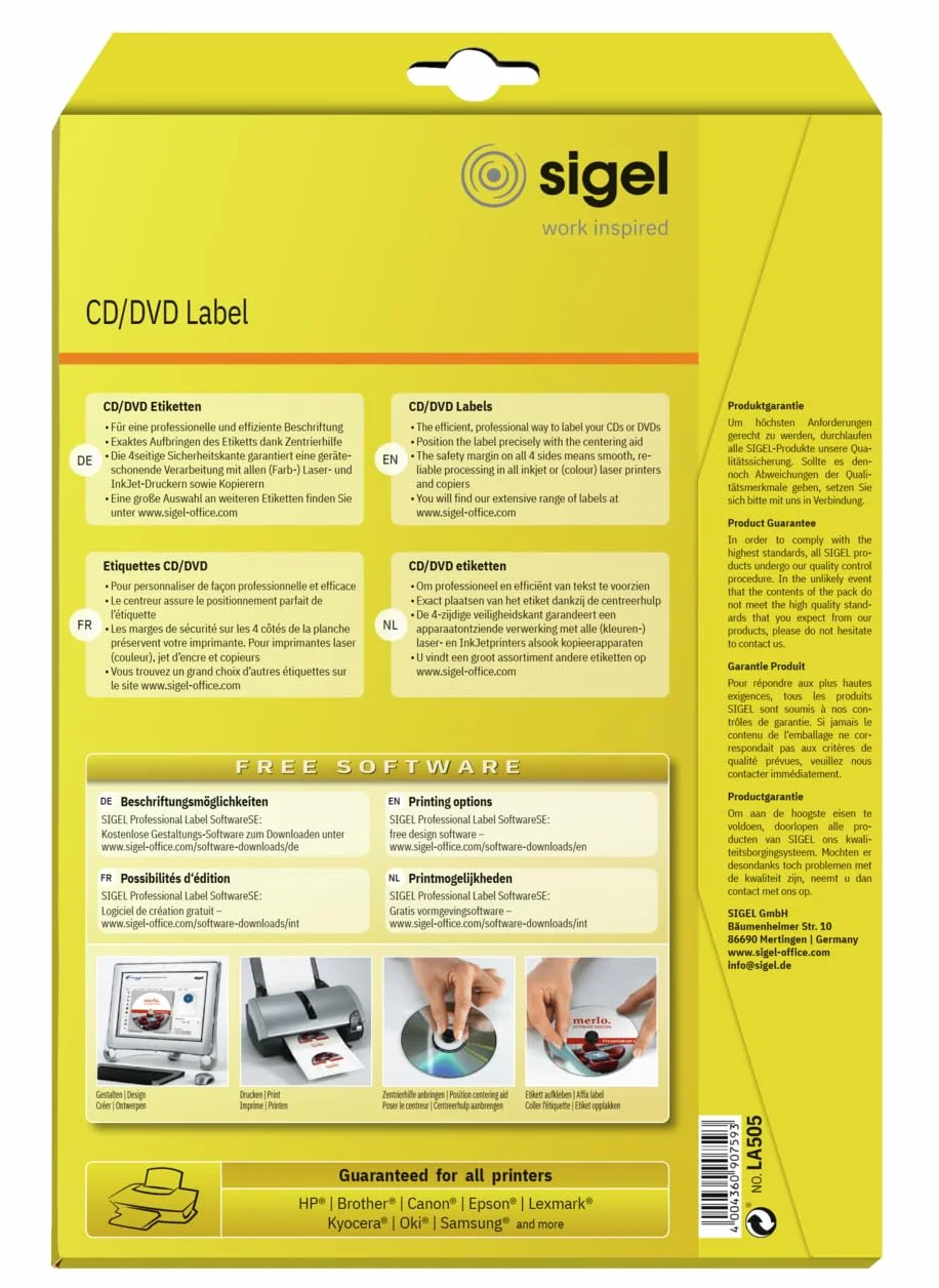 SIGEL LA505 Uniwersalne etykiety CD/DVD z wspomaganiem centrowania Ø 11,7 cm białe