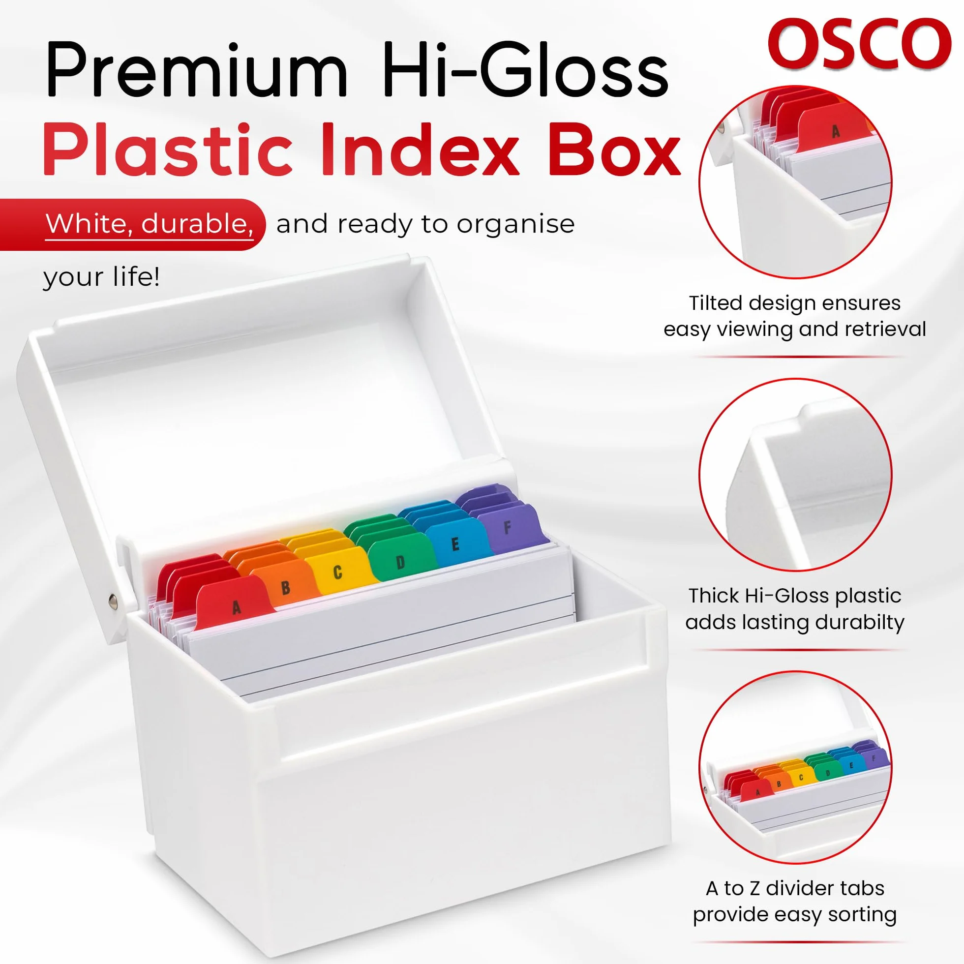 OSCO Białe plastikowe pudełko indeksowe z przegródkami A-Z, 100 arkuszy w linie 15x10 cm