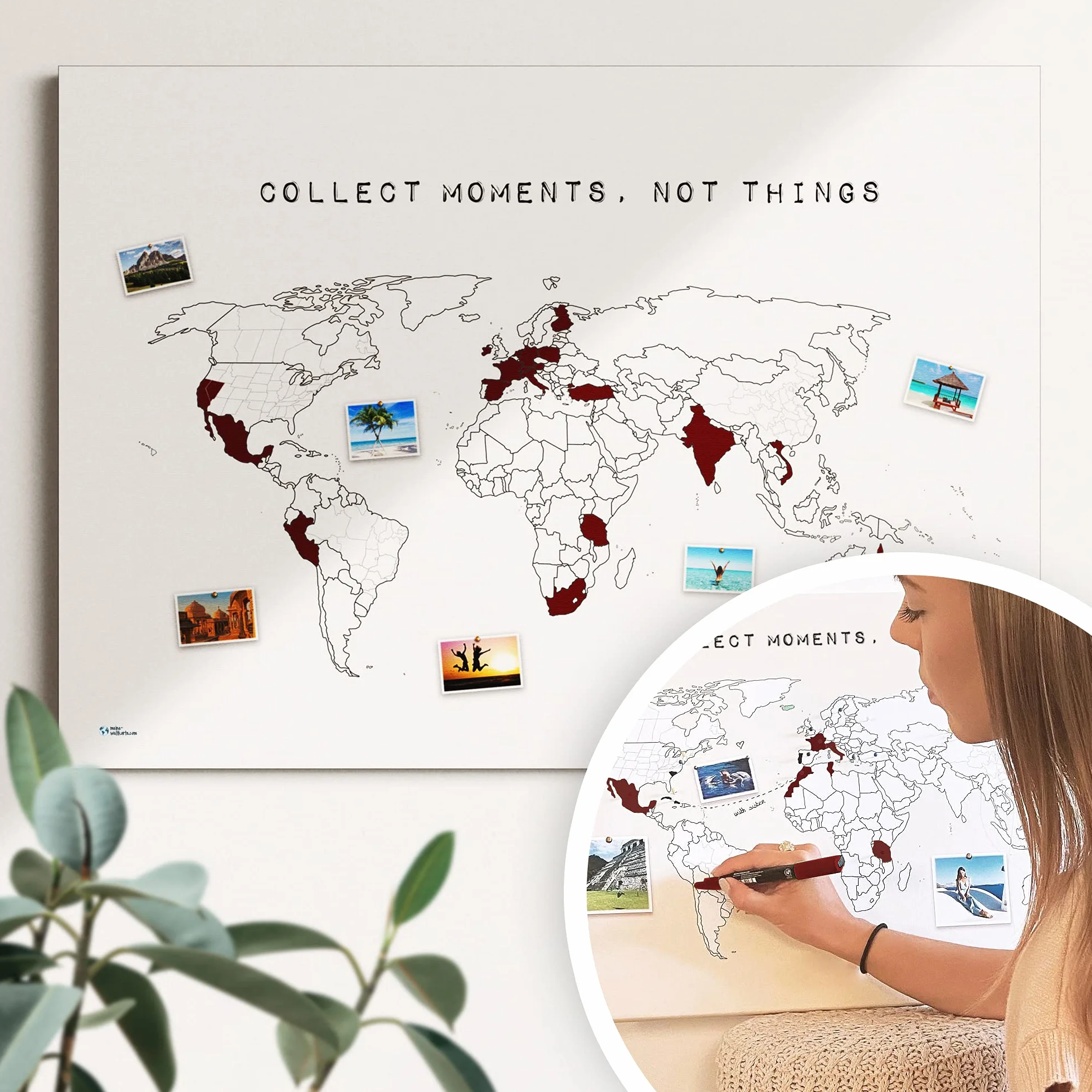 Mapa świata do przypinania "Collect Moments" lub do kolorowania – trwała i ręcznie wykonana w Niemczech – rozmiar: 60 x 40 cm