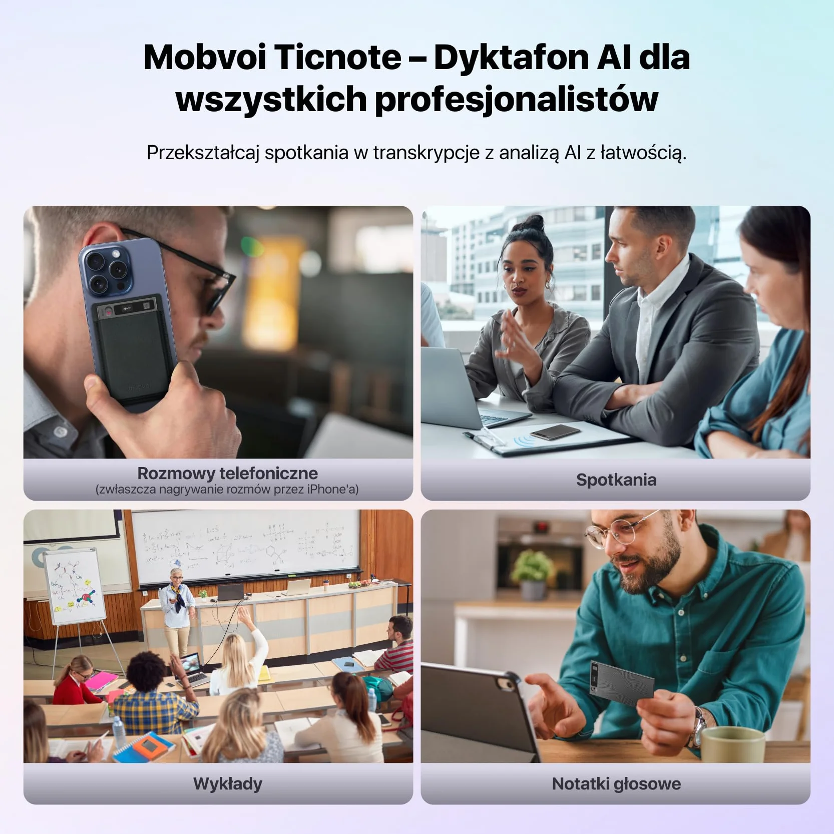 Mobvoi TicNote AI Dyktafon z pamięcią 64 GB i aplikacją Kontroluj ponad 100 języków z technologią AI Cyfrowy rejestrator dźwięku do rozmów telefonicznych Wykłady Spotkania Wywiady