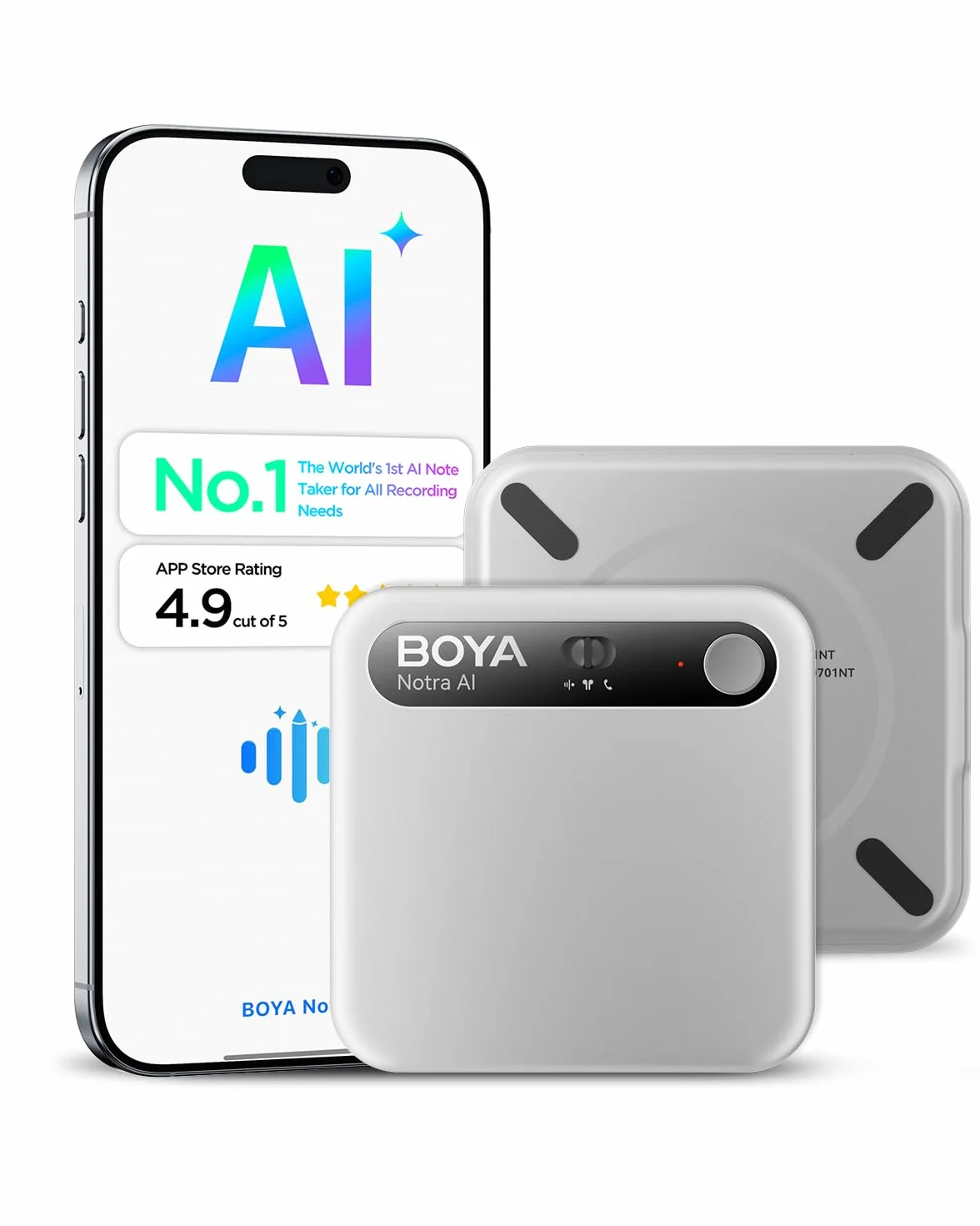 BOYA Dyktafon Notra AI, atmosfera/rozmowy telefoniczne/przechwytywanie Bluetooth, transkrypcja AI i inteligentne podsumowanie, obsługa ponad 140 języków, 64 GB pamięci, magnetyczny organizer notatek
