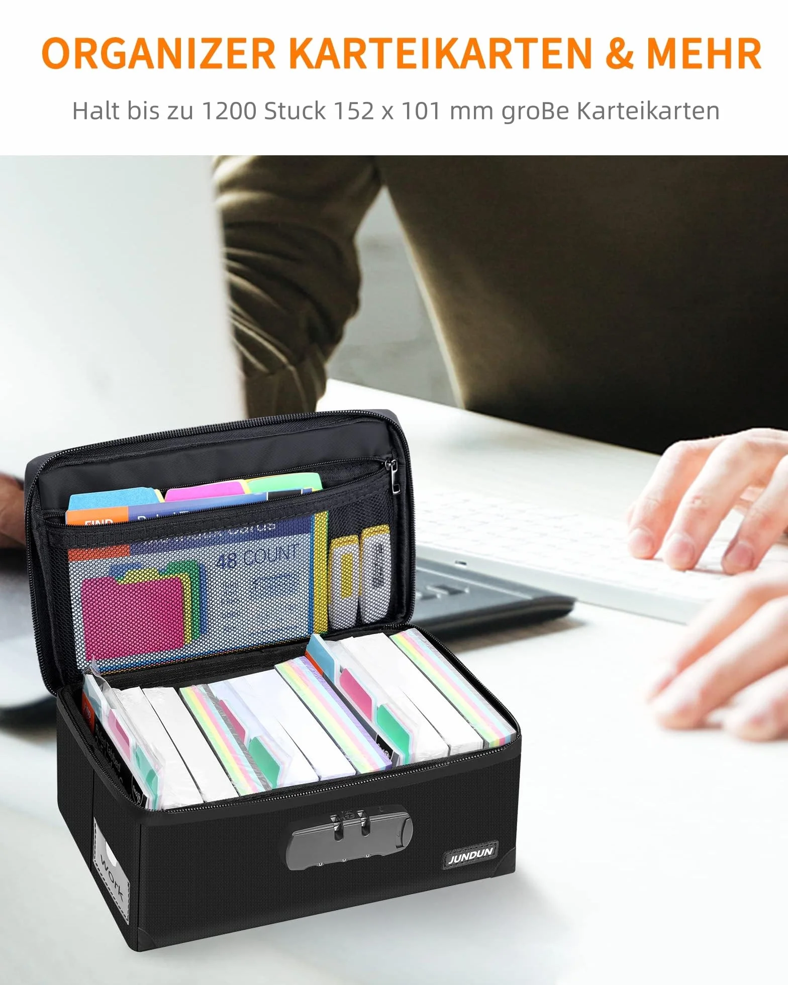 Indeksowe pudełko na karty z zamkiem, składane ogniotrwałe etui na karty indeksowe na 1200 szt. A6 lub 15,2 x 10,2 cm, pudełka do przechowywania na notatki, firmy, przepisy lub karty flash, czarne