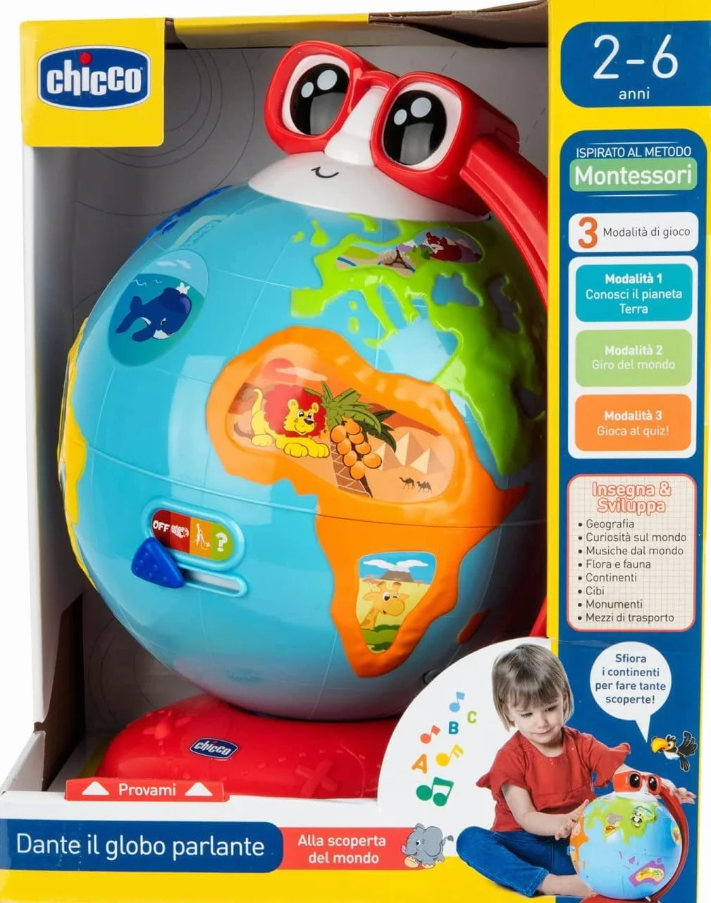 Chicco Edu Globe Mówiący globus edukacyjny nauka geografii logiki sekwencji pamięci 300 zdań quizów piosenek Montessori gry dla dzieci 2-6 lat