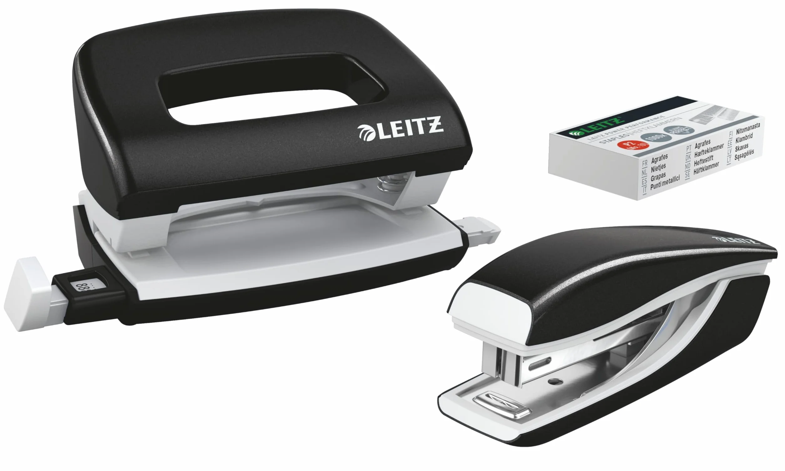 Leitz, Zestaw Zszywacz i Dziurkacz Metalowy Leitz NeXXt WOW, Zestaw Mini, Zszywa i Dziurkuje do 10 Kartek, Opakowanie Zszywek P2 Nr 10 w Komplecie, Kolekcja WOW, Kolor Czarny, 55612095