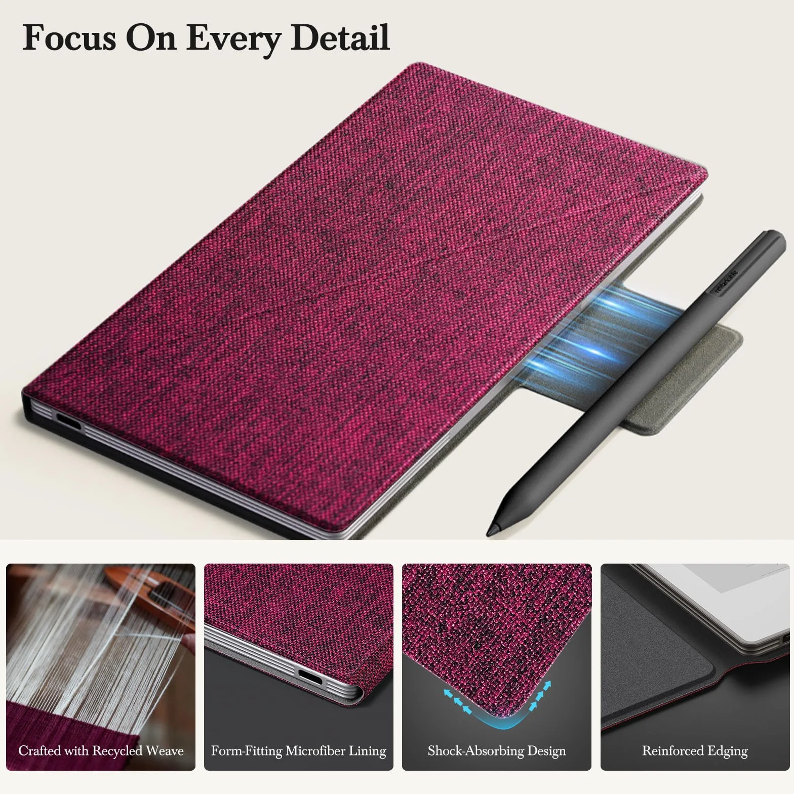 Etui z magnetycznym podstawnikiem na Remarkable Paper Pro Move, folio z mozaikowym tkaniem, składana holderka na długopis z tyłu, auto wake/sleep, wyściełka mikrofibrowa, silny magnes (Bordowy)