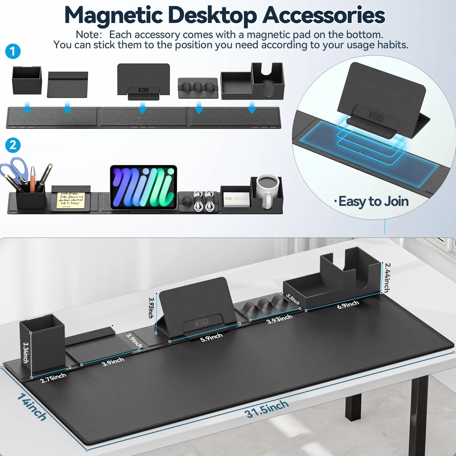 KDD Podkładka na Biurko i Organizer, 6 w 1 Podkładka pod Mysz z Magnetycznym Schowkiem na Biurko Akcesoria Diy na Telefon i Stojak na Tablet/Pojemnik na Kubek/Pojemnik na Karty/Pojemnik na Długopisy