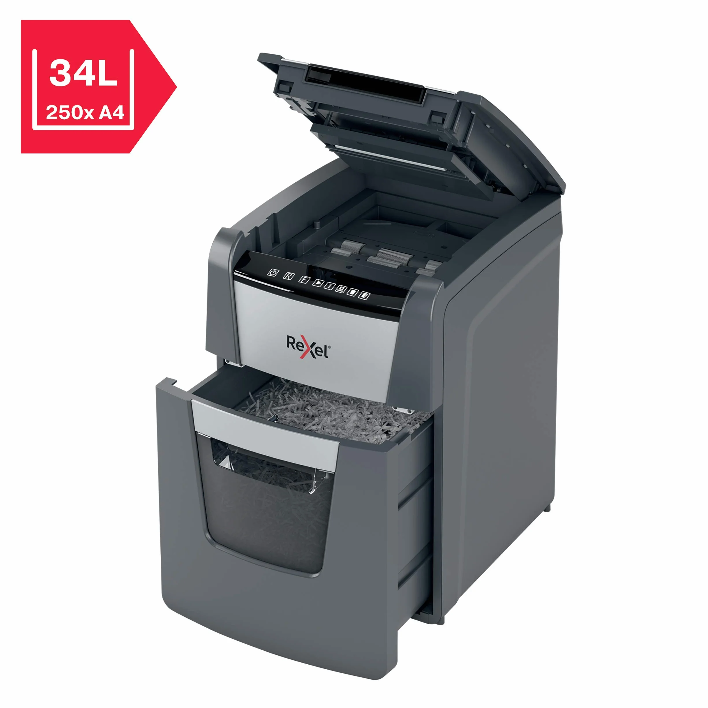 Rexel Optimum Auto Feed+ Automatyczna Niszczarka do Papieru, 90 Arkuszy, Bezpieczeństwo P-4, Tnie na Konfetti, do Domowego Biura, Pojemność 34 L, 2020090X