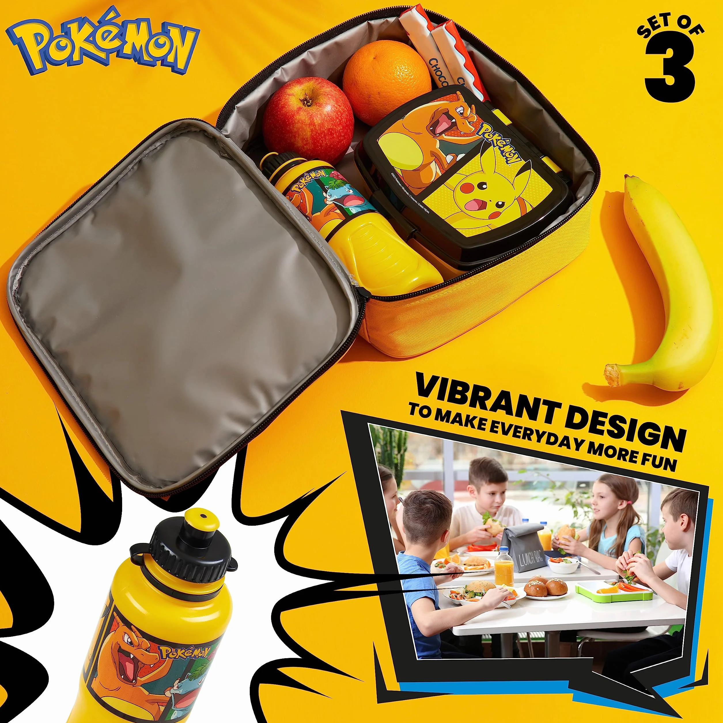 Pokémon Termiczny pojemnik na lunch, pudełko na lunch i butelka, 3-częściowy zestaw - prezent dla dzieci (żółty)