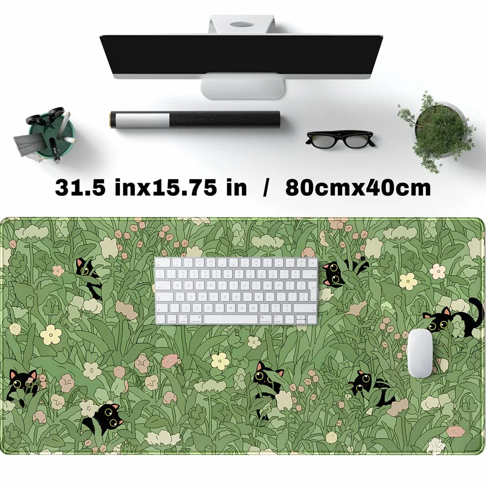 Zielona mata na biurko XL kot urocza roślina fajna podkładka na biurko, mata pod klawiaturę, kawaii, czarny kot, kwiat, podkładka pod mysz, zielona mata na biurko, dekoracja biurka z przeszytymi