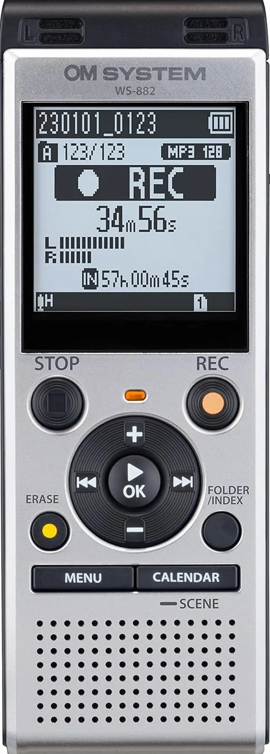 OM SYSTEM WS-882 Wysokiej jakości dyktafon cyfrowy z mikrofonami stereofonicznymi, 6 programami nagrywania, bezpośrednim połączeniem USB, zintegrowaną podstawką i 4 GB pamięci, VCVA