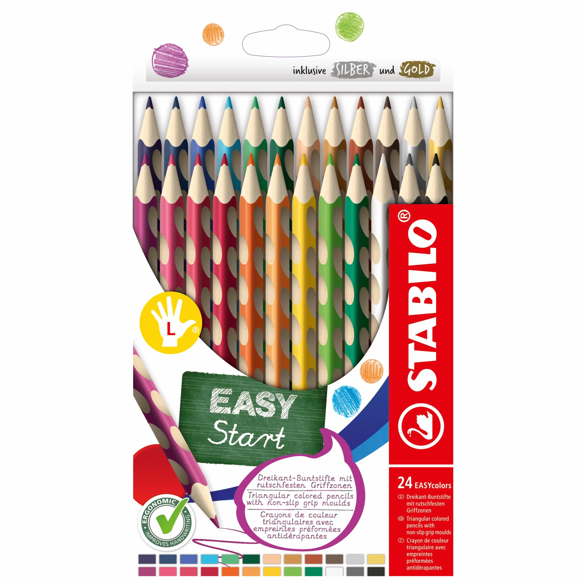 STABILO Ergonomiczne kredki dla osób leworęcznych – Easy colors – 24 sztuki w opakowaniu – w 24 różnych kolorach
