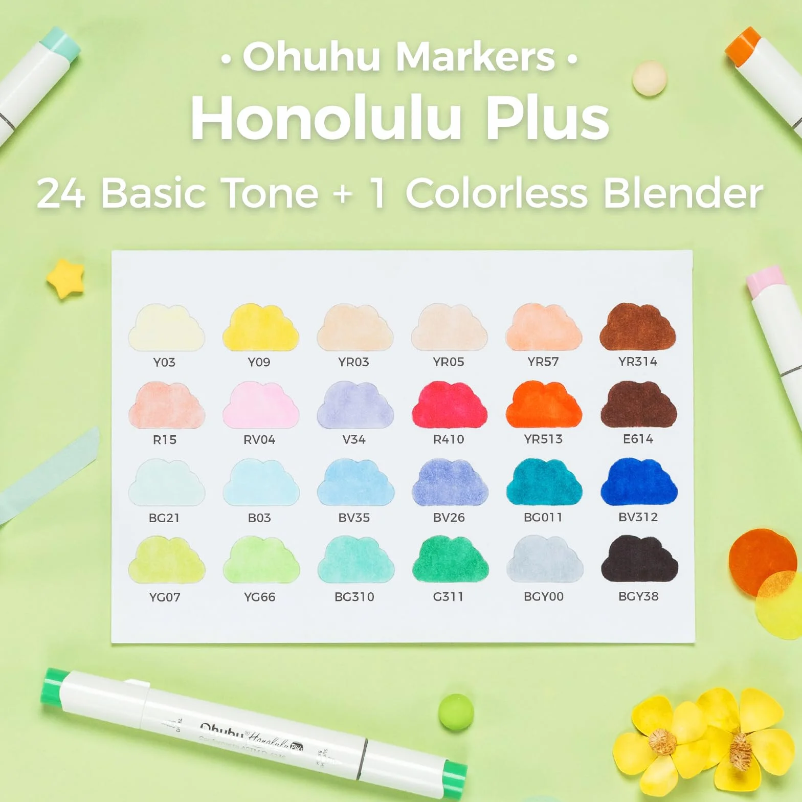 Ohuhu Markery, 24+1 kolory Supreme Brush & Chisel Markery alkoholowe z podwójną końcówką, pisaki artystyczne dla artystów dorosłych, kolorowanie, szkicowanie, kaligrafia, ilustracje, seria Honolulu