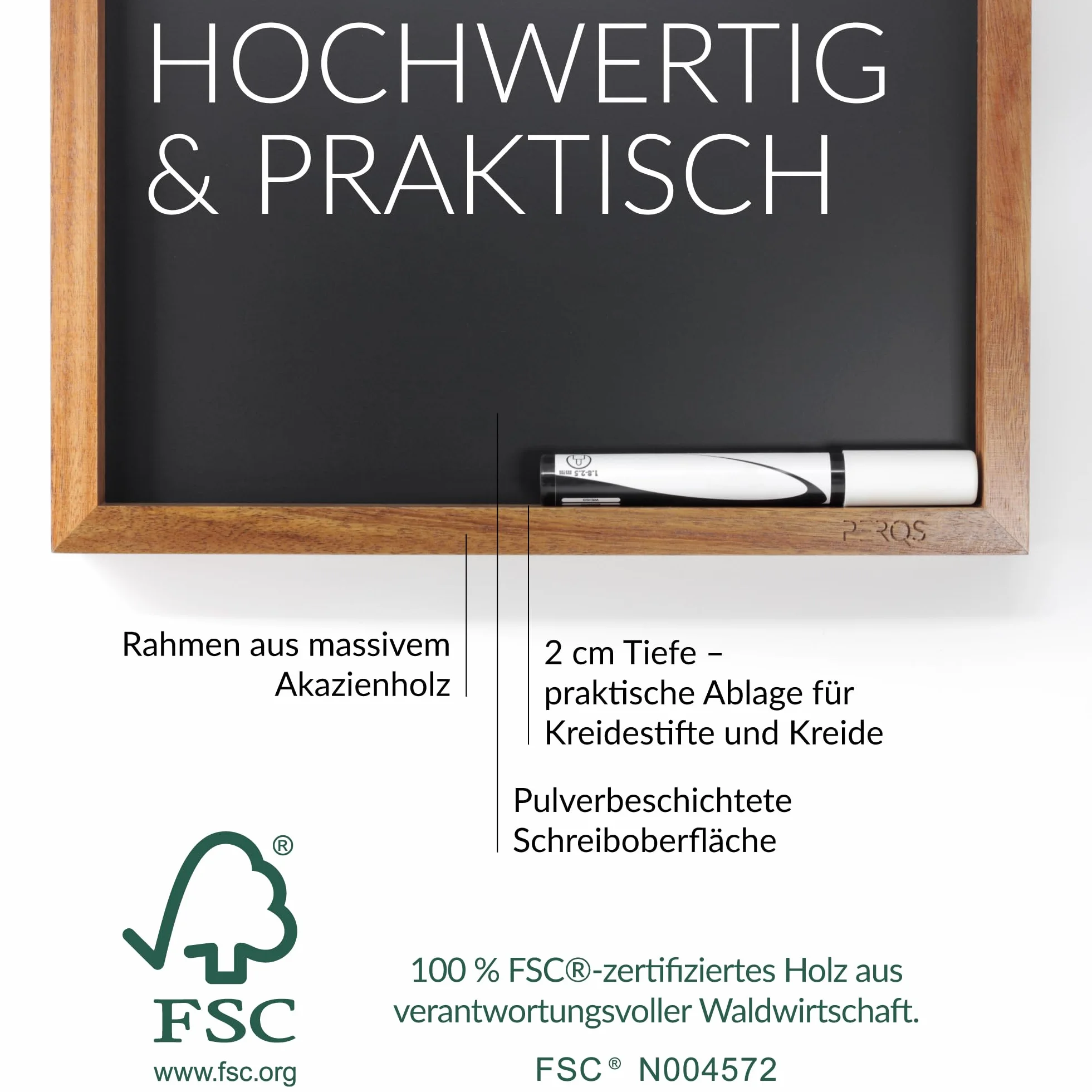 CONCEPT tablica magnetyczna, tablica do pisania kredą i tablica na klucze w jednym – uniwersalna tablica magnetyczna ze szlachetną ramą z drewna akacjowego (certyfikat FSC) – jako tablica Vision