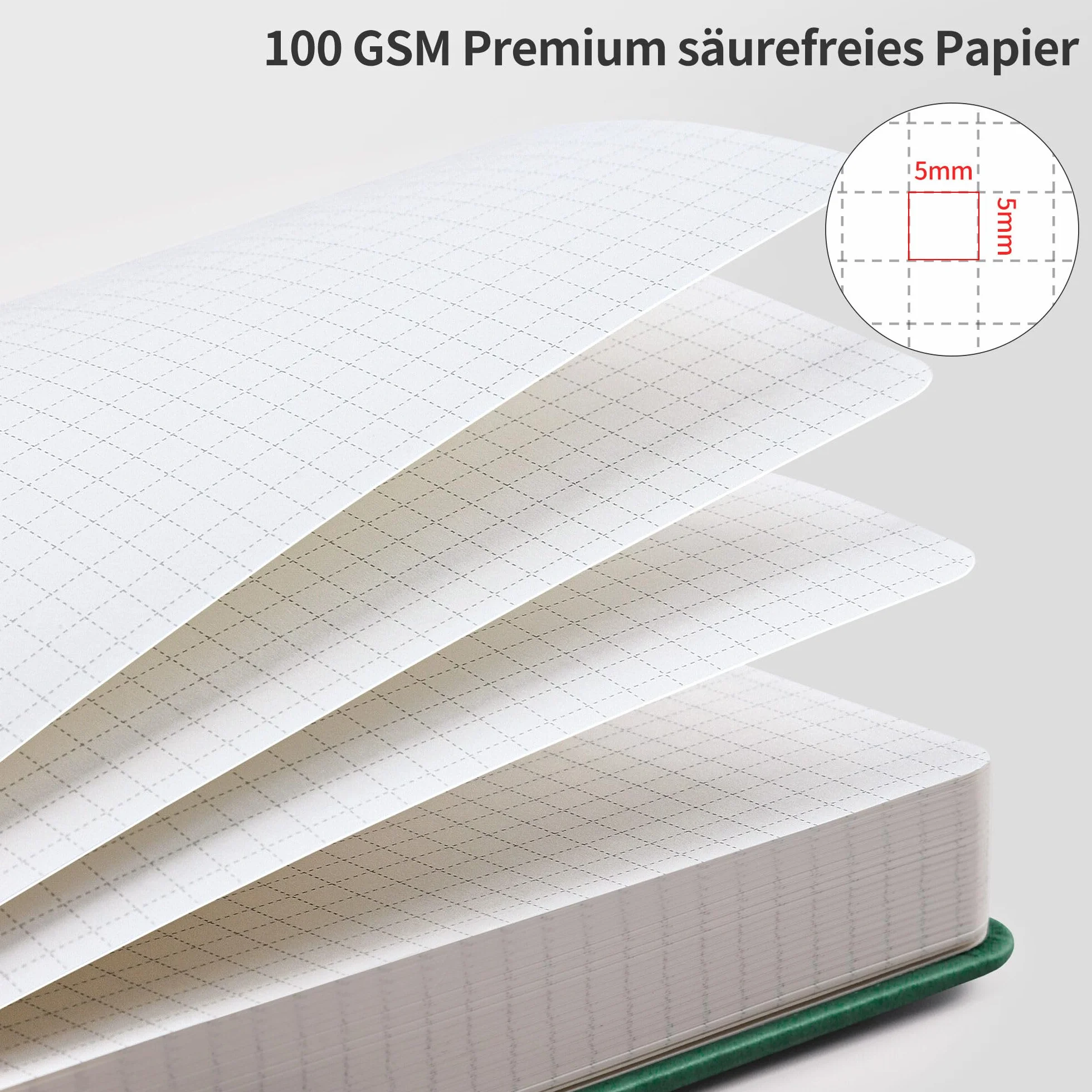 RETTACY Notatnik A4 w kratkę, Bullet Journal z 100 g/m² papierem, 150 kartek, zeszyt szkolny i biurowy, okładka z ekoskóry, ciemnozielony, 21 cm x 29,7 cm