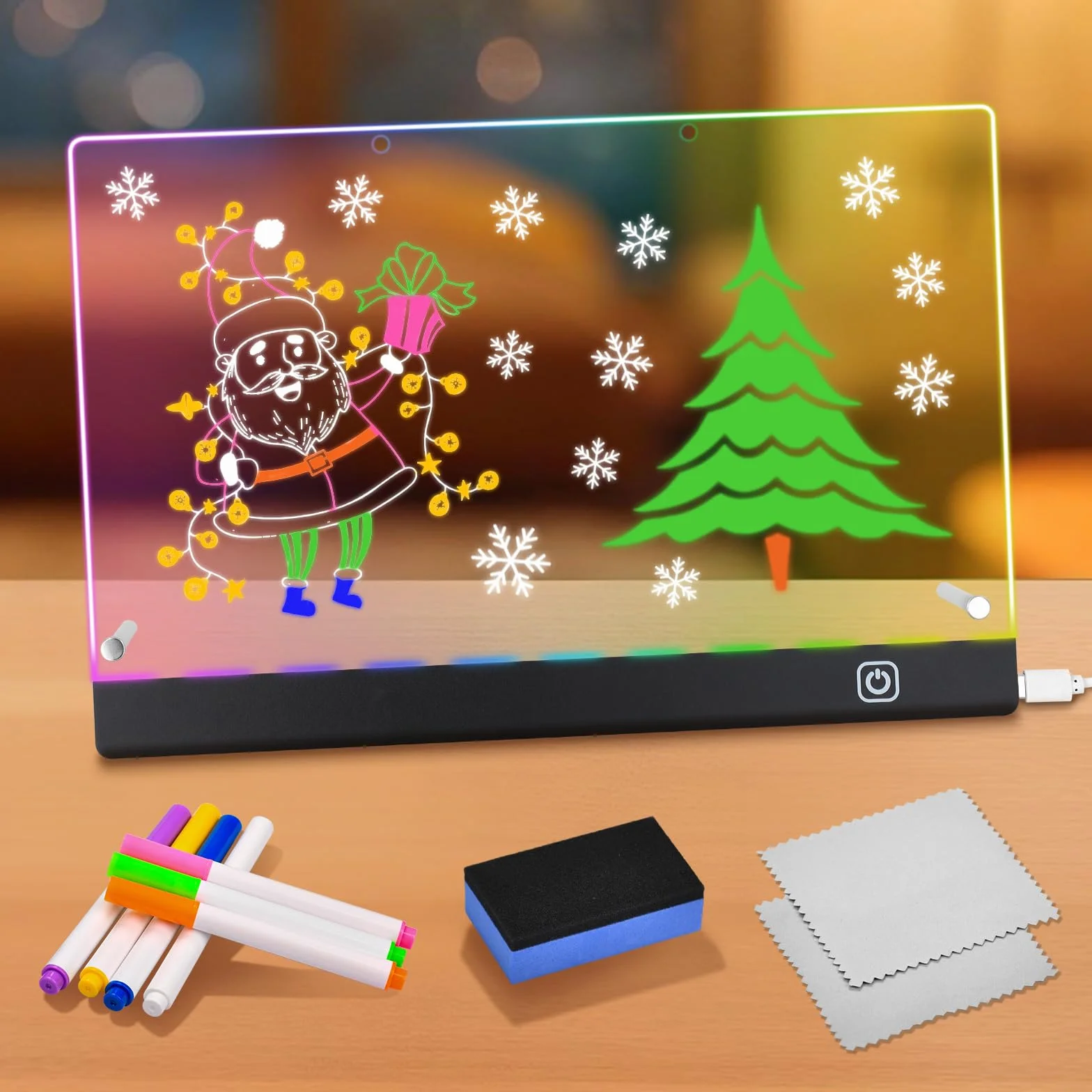 Tablica LED na notatki z farbami, akrylowa tablica na notatki z 7 kolorowymi pisakami, z regulowanym stojakiem, przezroczysta, świecąca tablica LED (30 x 20 cm)