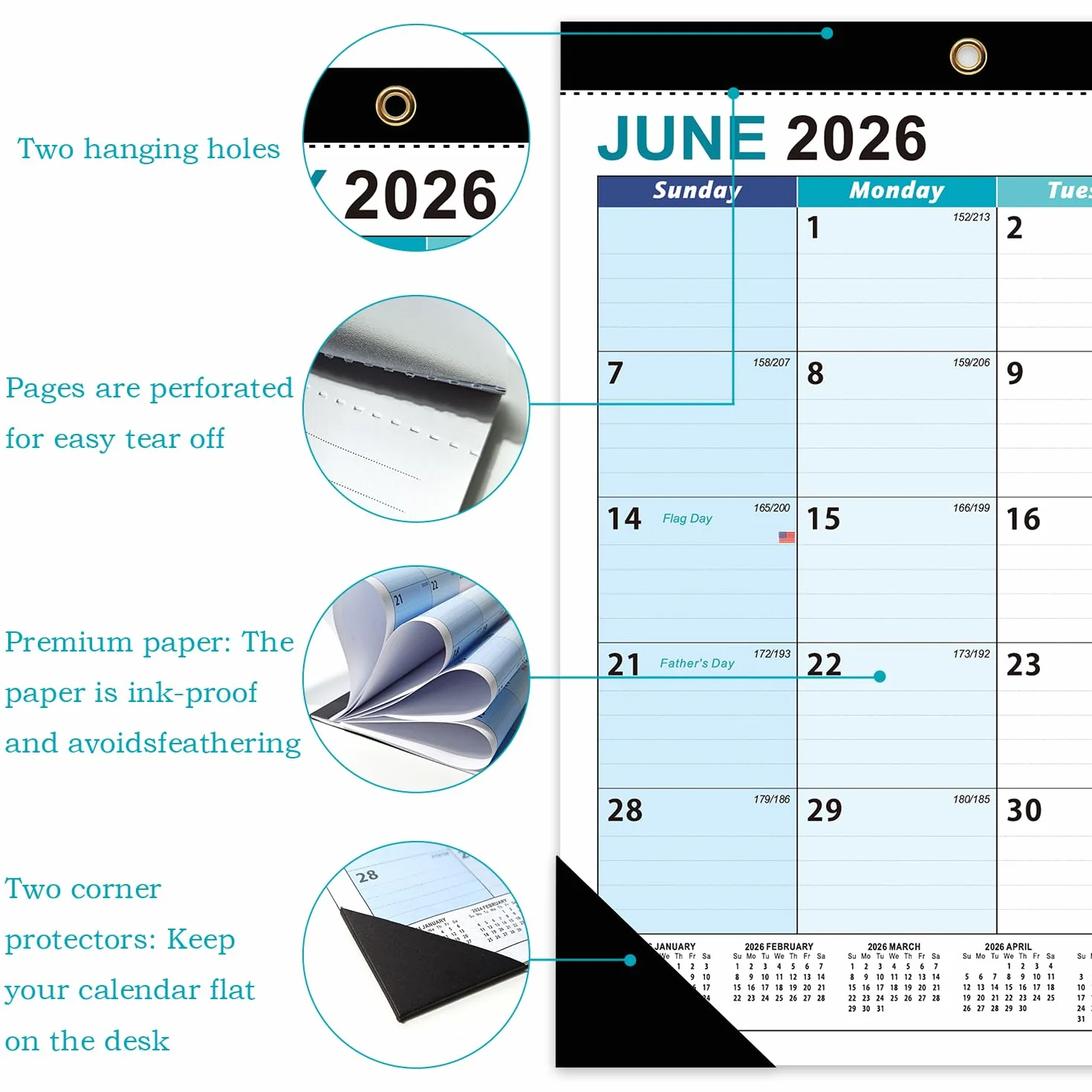 Kalendarz ścienny 2026-2027, 18 miesięczny kalendarz ścienny A3, styczeń 2026-lipiec 2027, gruby papier 120 g/m², duże bloki w linie, idealny do planowania domu lub biura, przypomnienie o wakacjach