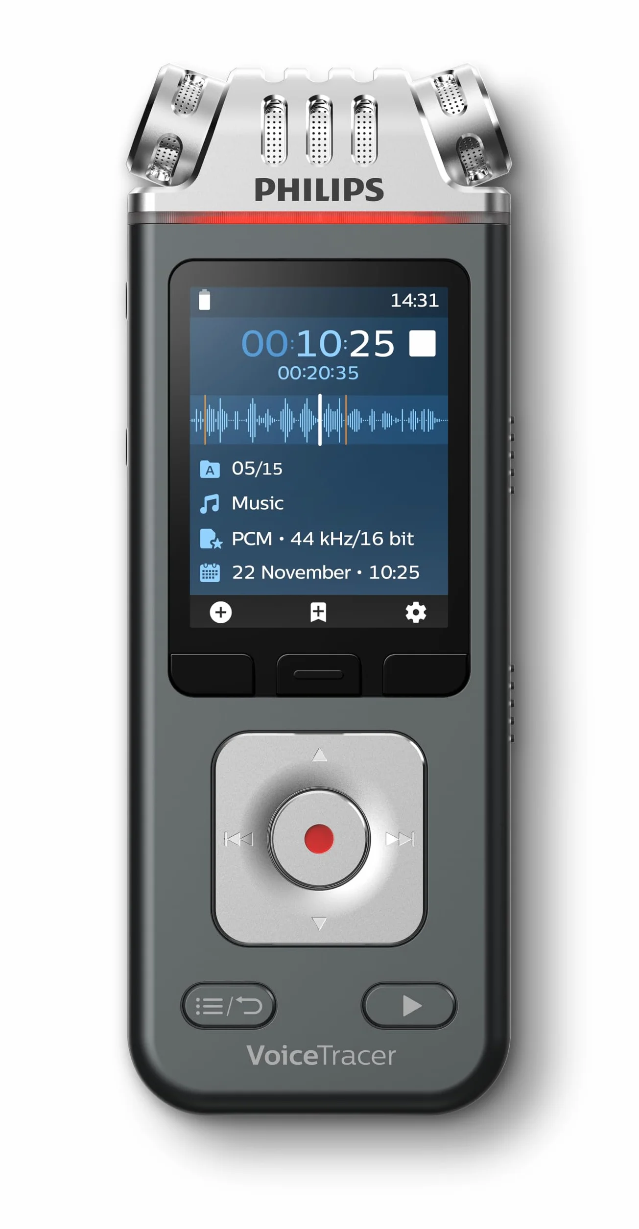 Philips DVT6115 VoiceTracer, dyktafon, nagrywarka, 3 mikrofony HiFi zoptymalizowane do nagrywania muzyki, w zestawie licencja testowa Sembly AI: transkrypcja i podsumowania sztucznej inteligencji
