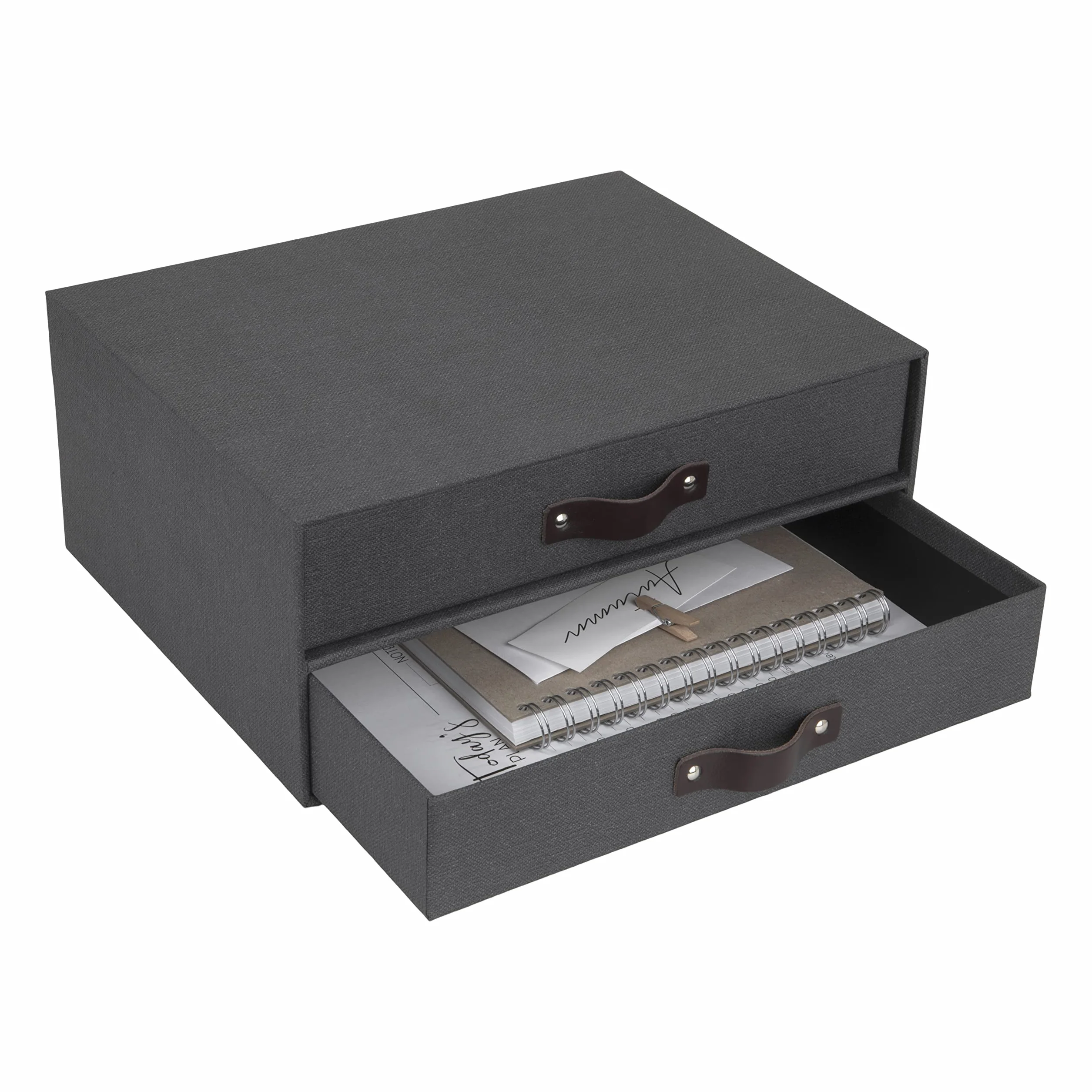 Bigso Box of Sweden 9431C6849LEA648 Mini komoda biurowa na dokumenty i materiały biurowe – Organizer na biurko z 2 szufladami – pudełko z szufladami z włókna drzewnego i papieru – czarny