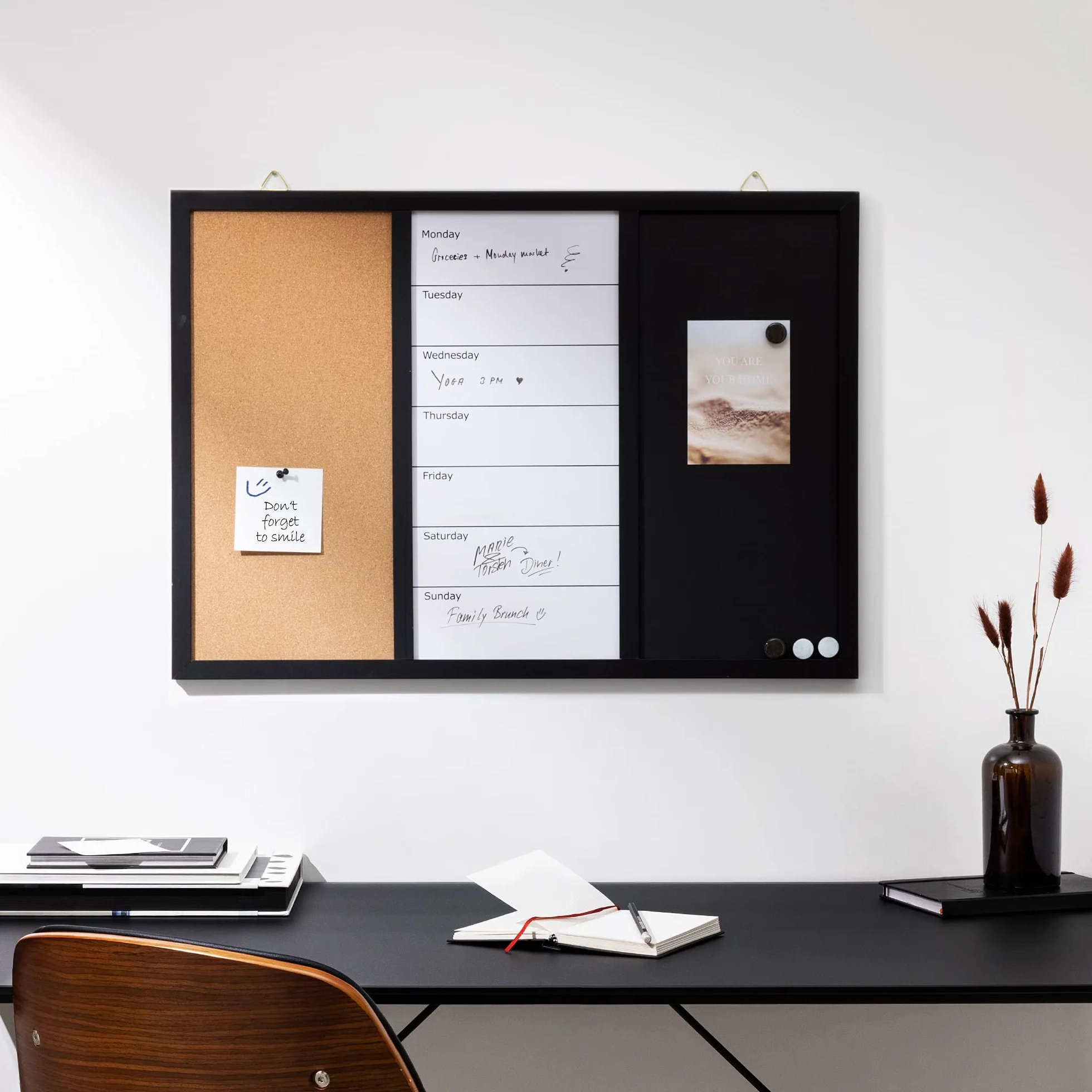 Navaris Tablica 3 w 1, 70 x 50 cm - Magnetyczna Do Pisania Kredą, Korkowa, Do Przypinania - Plan z Magnetycznym Uchwytem Na Kredę Szpilkową