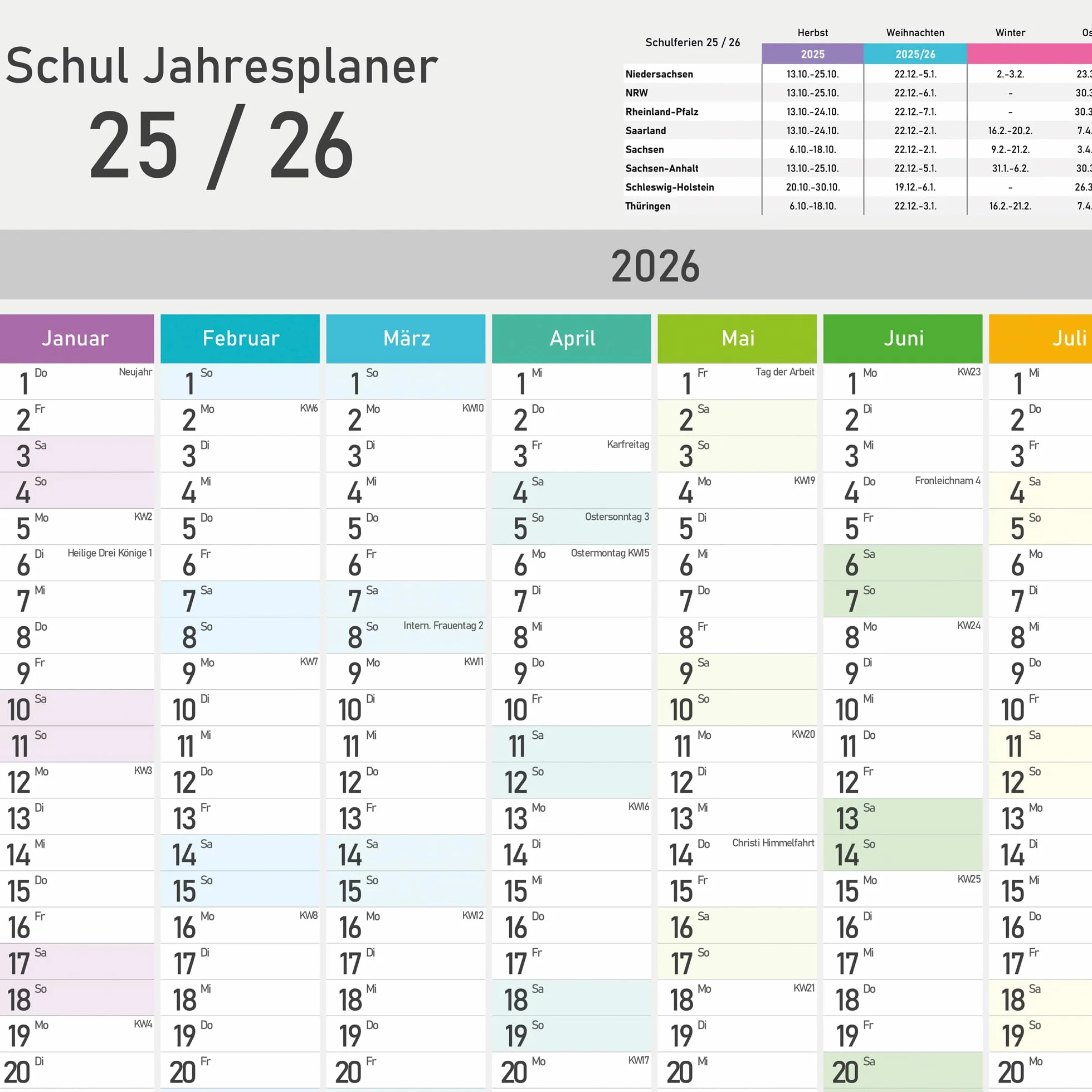 Kalendarz szkolny XXL 2025/2026 – kalendarz ścienny – planer roczny do szkoły A1 (84 x 59 cm), planer ścienny z tygodniami kalendarzowymi, świętami i wakacjami – wielkoformatowy kalendarz do szkoły