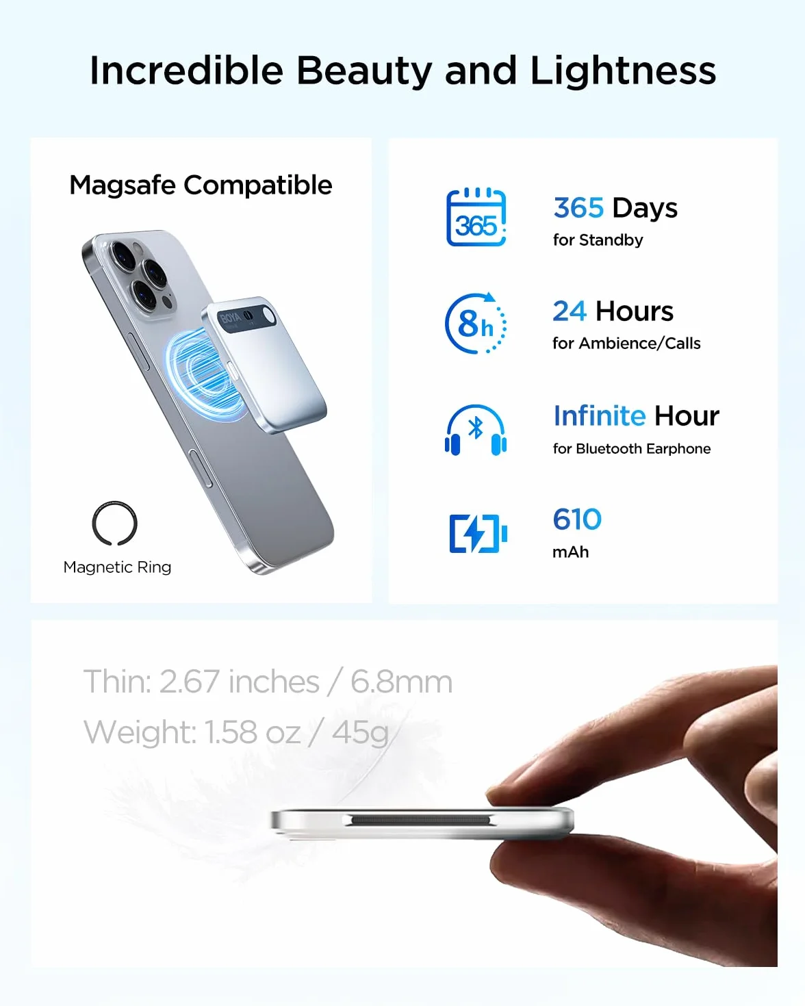 BOYA Dyktafon Notra AI, atmosfera/rozmowy telefoniczne/przechwytywanie Bluetooth, transkrypcja AI i inteligentne podsumowanie, obsługa ponad 140 języków, 64 GB pamięci, magnetyczny organizer notatek