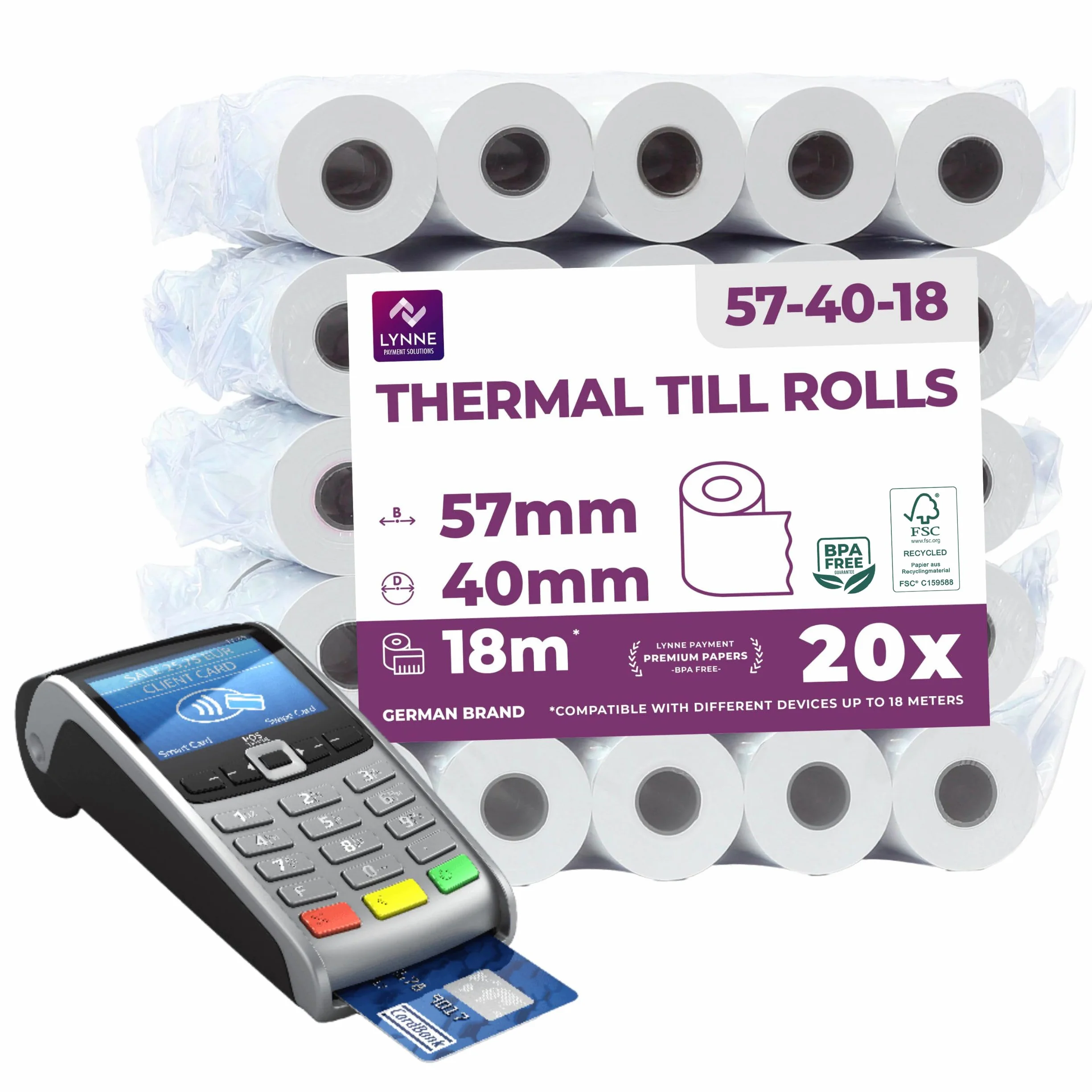 Ec-Cash Rolki termiczne 57 mm x 18 m x 12 mm, rolki termiczne, papier termiczny, do bankomat, czytnik kart kredytowych, 57 x 40 x 12 mm