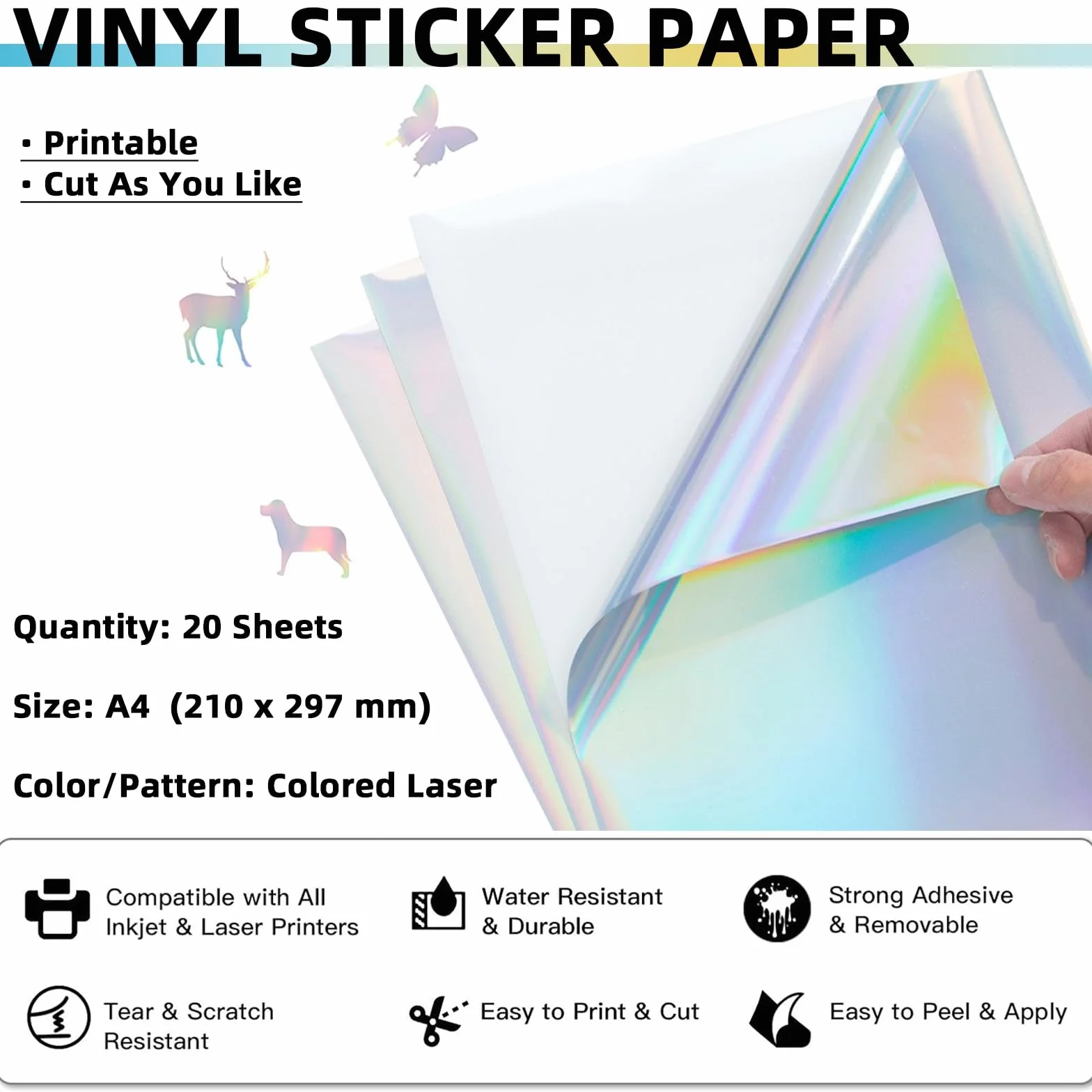 Printable Vinyl Sticker Paper do Drukarek Atramentowych i Laserowych, A4-21x29,7 cm - 8,27"x11,69", Wodoodporny, Dowolne Cięcie, Podkład Samoprzylepny (20 szt.) (Kolorowy Laser)