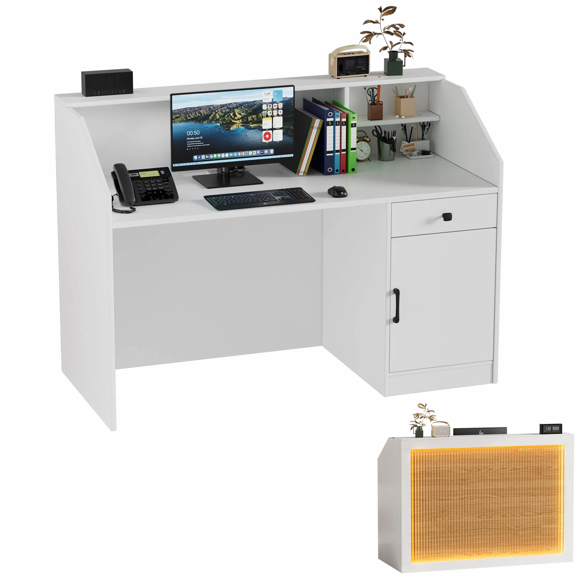 MSFE blat recepcyjny z LED drewniany 140 cm kompaktowy stacja ładowania