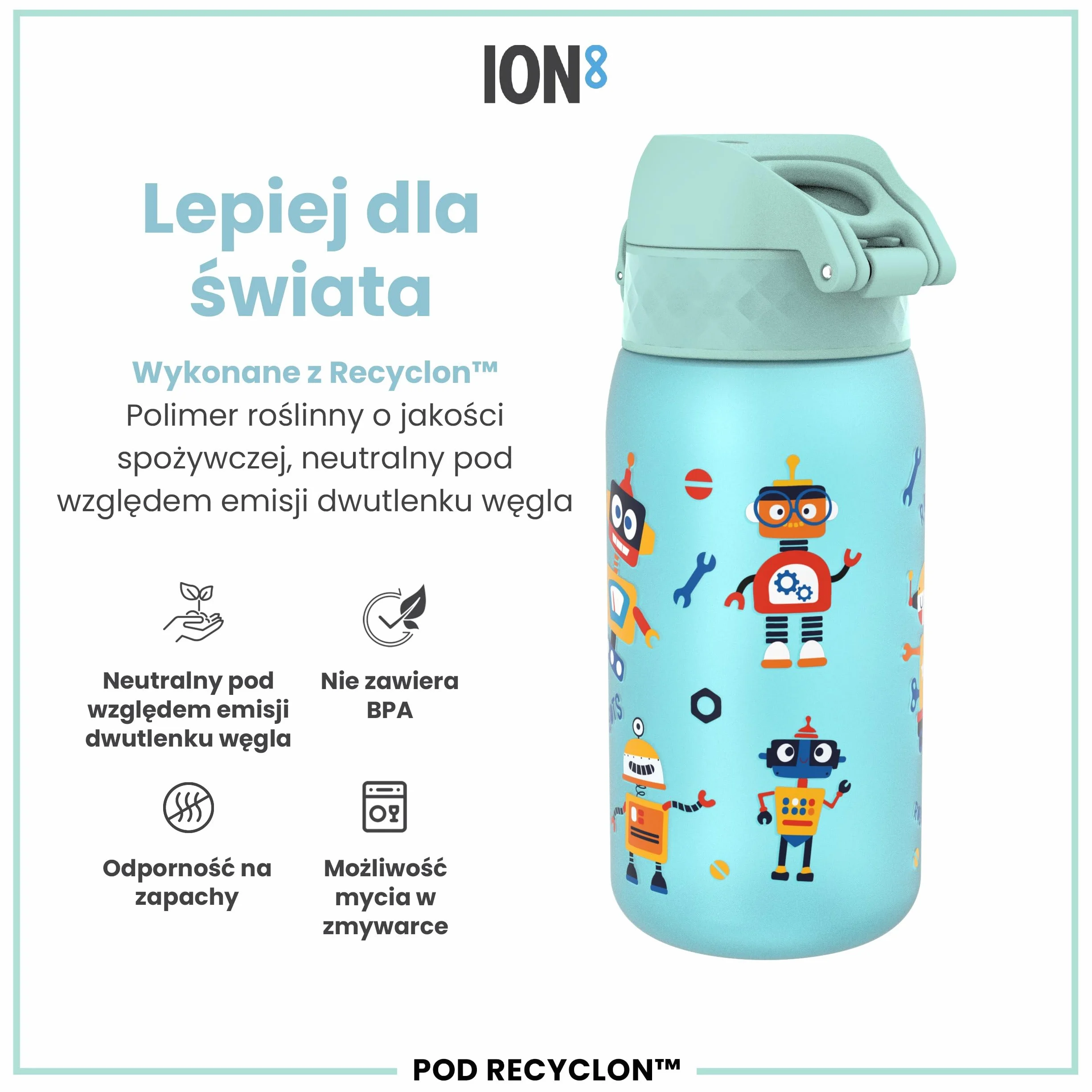 ION8 Butelka dla Dzieci, 350 ml/12 oz, Szczelna, Łatwa do Otwarcia, Bezpieczny Zamek, Można Myć w Zmywarce, Bez BPA, Uchwyt do Przenoszenia, Łatwa do Czyszczenia, Bezwonny, Roboty
