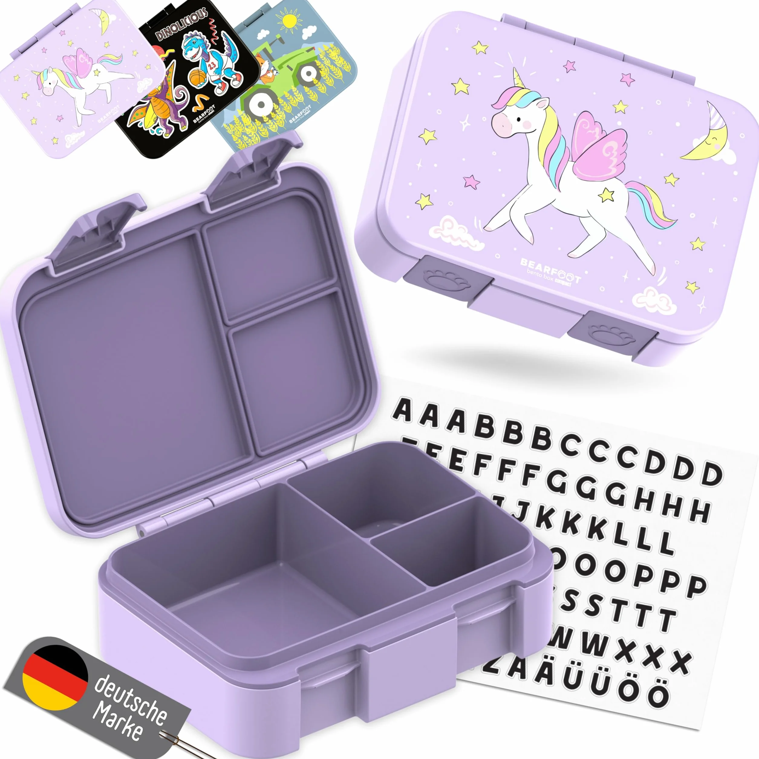 BEARFOOT Bento Box COMPACT pudełko śniadaniowe dla dzieci, bez BPA, szczelne, fioletowe jednorożec