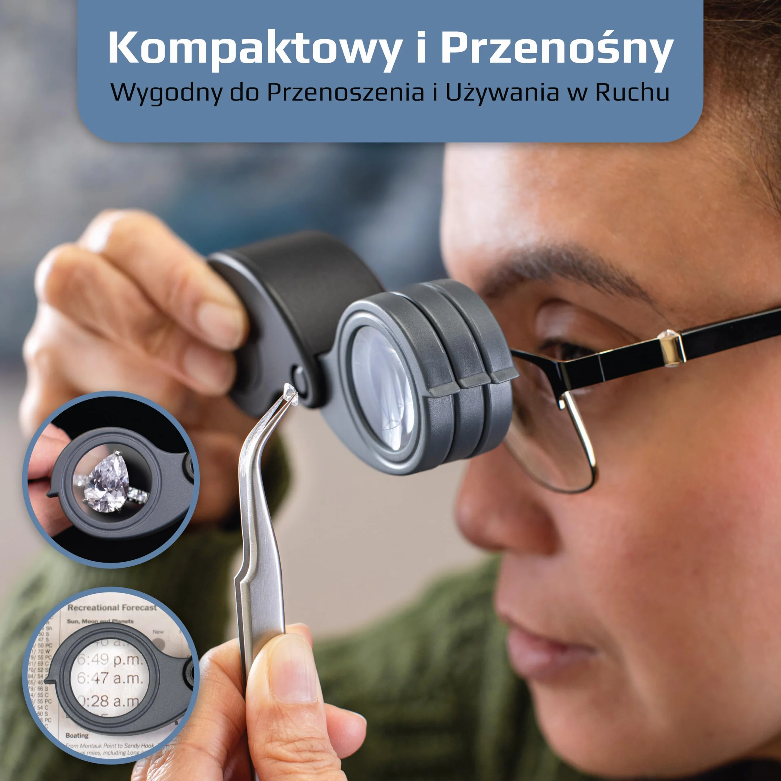 Składana lupa Carson TriView 5x/10x/15x z wbudowanym etui, przenośne szkło powiększające 3 w 1 - regulowane powiększenie, idealne do biżuterii (TV-15)