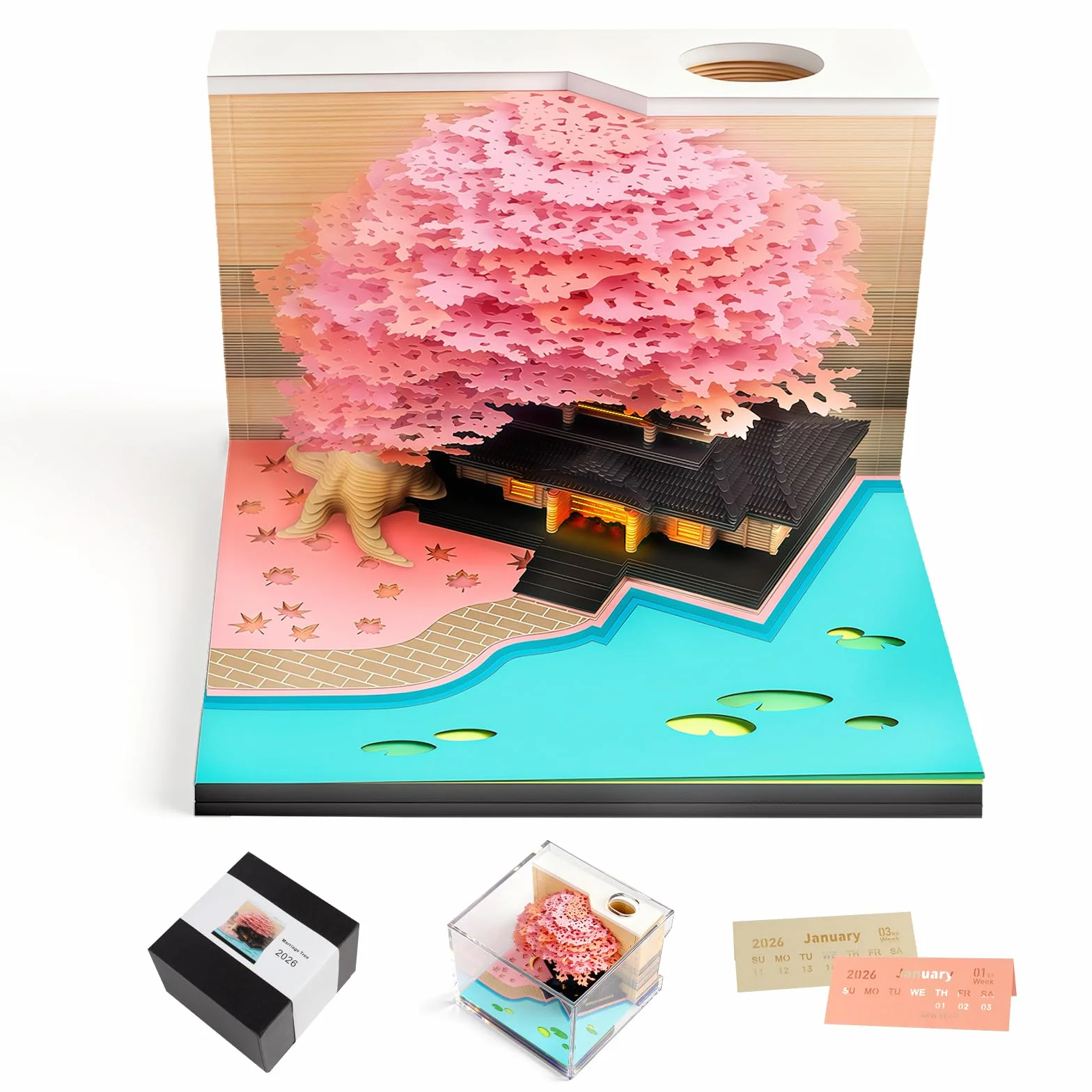 Kalendarz 3D na rok 2025, odrywany, kalendarz na rok 2025, kalendarz 3D ze światłem, drzewo Sakura, Omoshiroi, kalendarz 3D, notatnik 3D, kalendarz, kalendarz na biurko