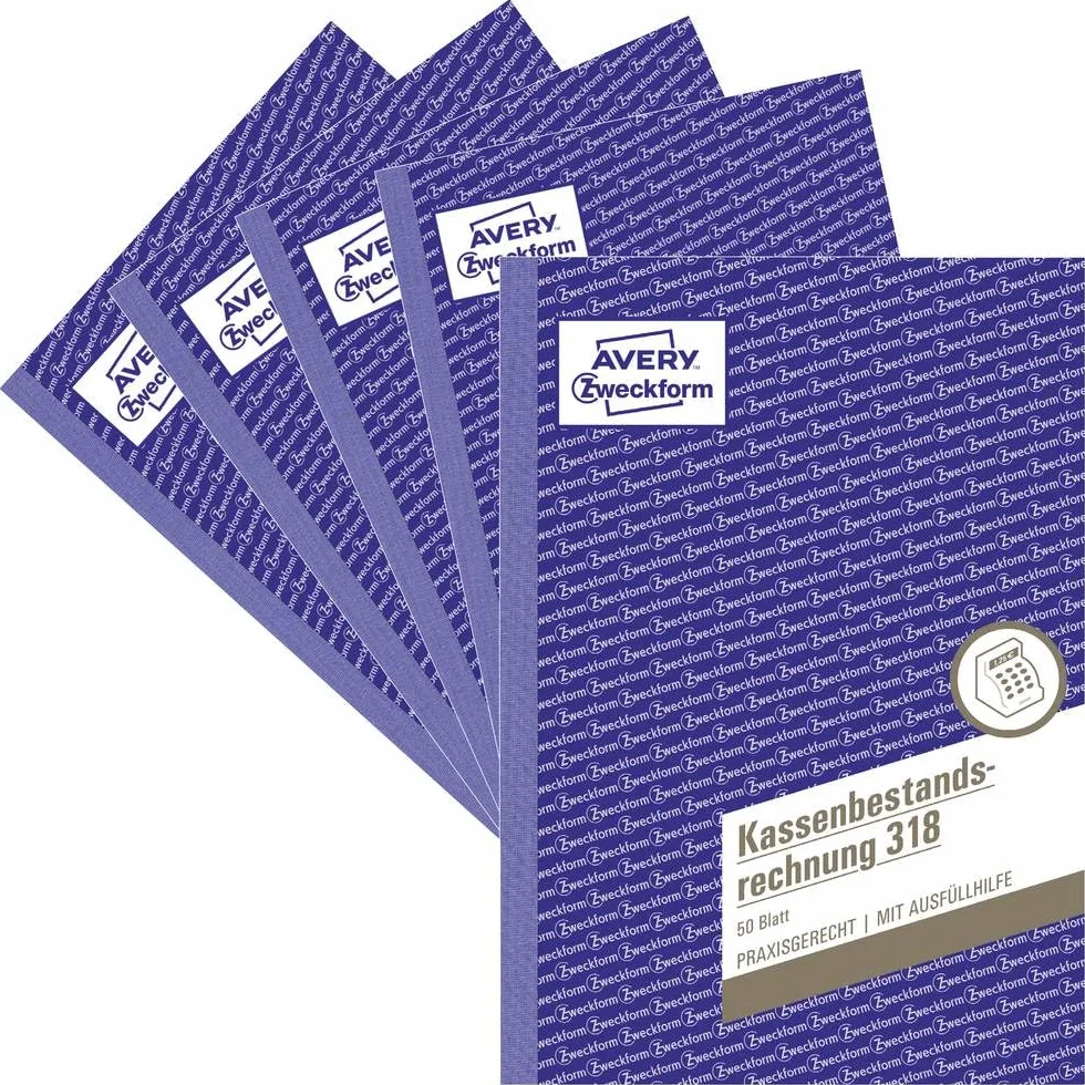 AVERY Zweckform 318-5 rachunek za zapas kasowy (A5, sprawdzony przez ekspertów prawnych, dla Niemiec i Austrii w celu prawidłowego prowadzenia książek, 50 arkuszy), 5 sztuk w kolorze białym