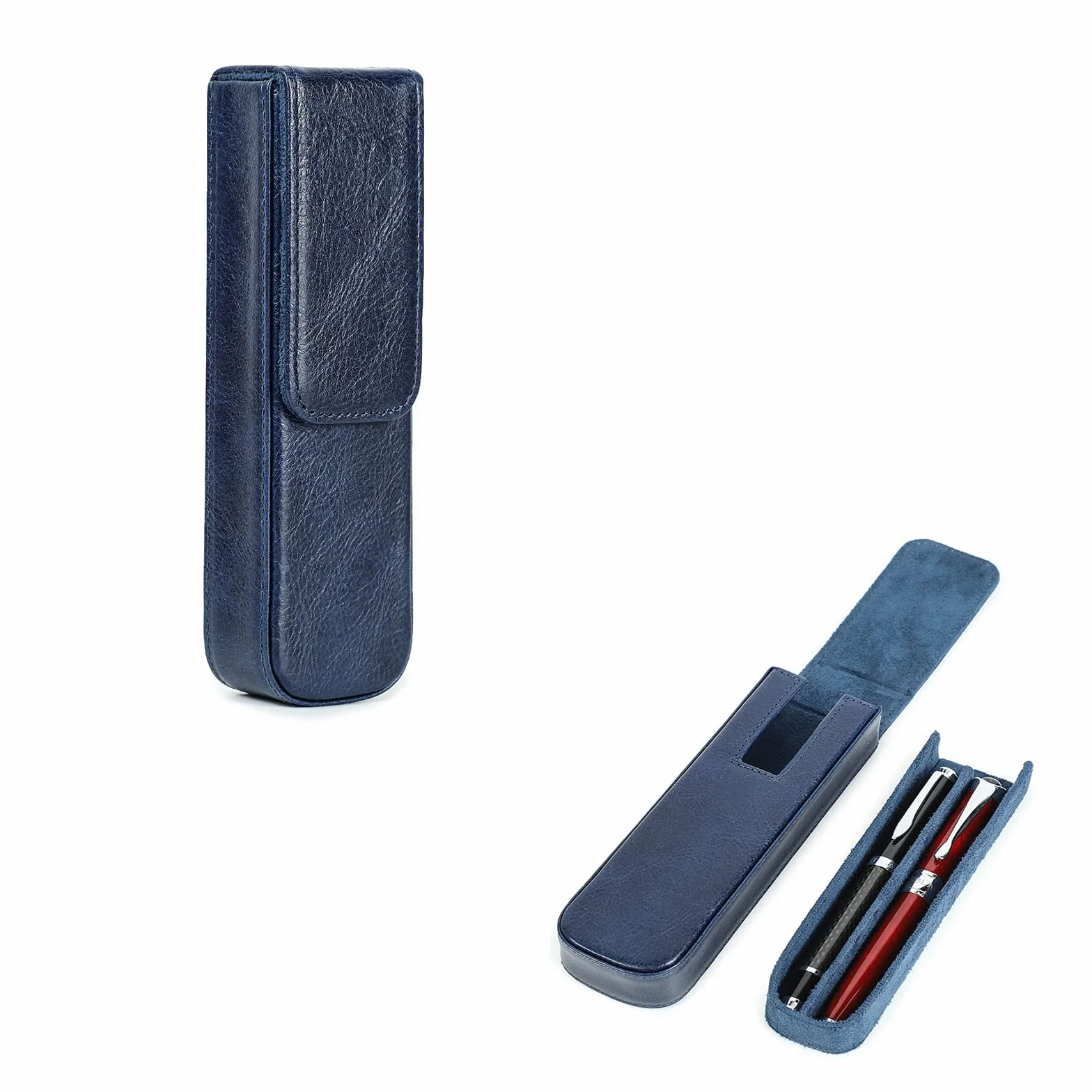 Skóra garbowana roślinnie Piórnik z ukrytym magnetycznym zamknięciem, NIEBIESKI, For 2 Pens, Organizer do torby