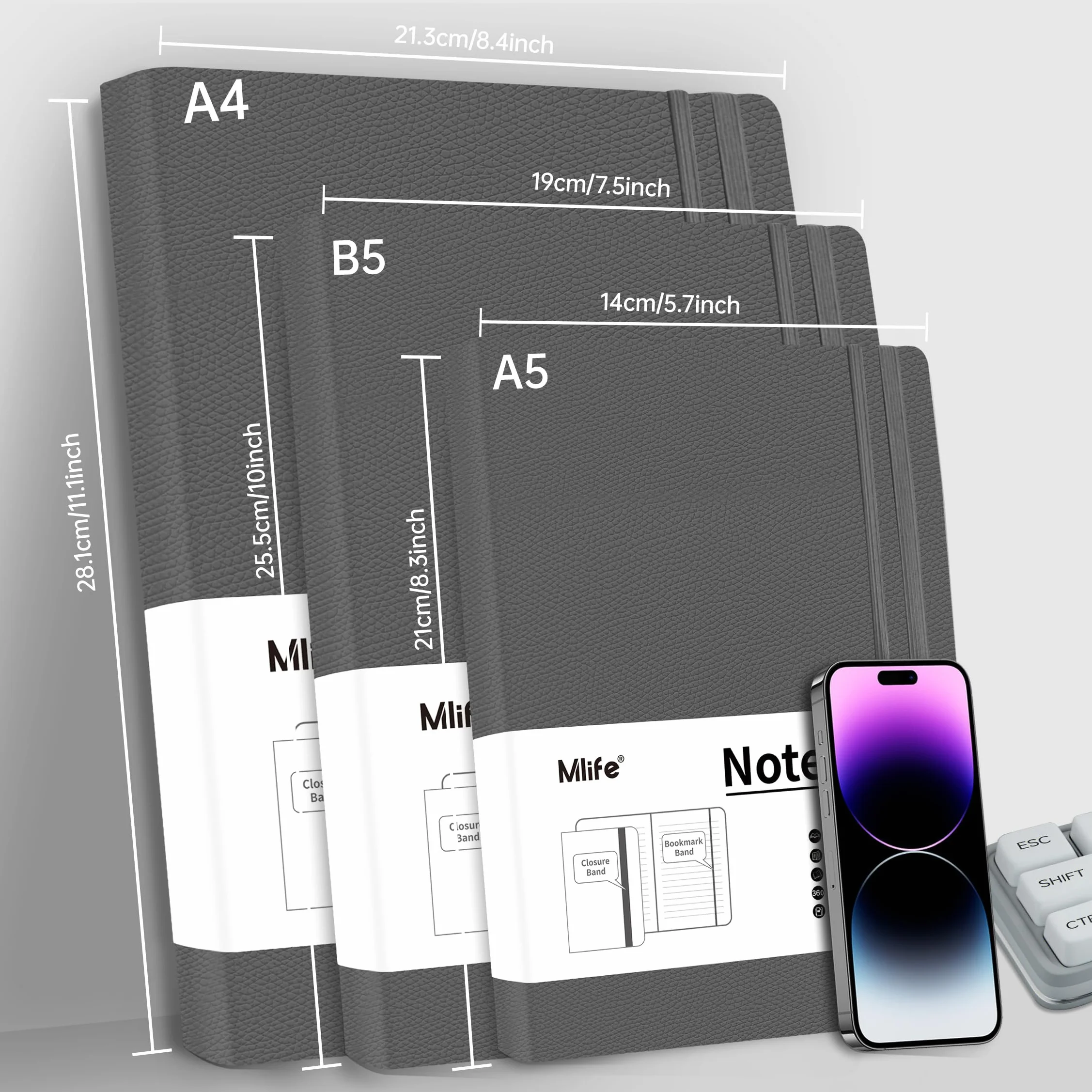 Mlife A4 Lined Journal Notebook 360 stron gruby notatnik College Ruled 100Gsm Premium twarda okładka PU Szary