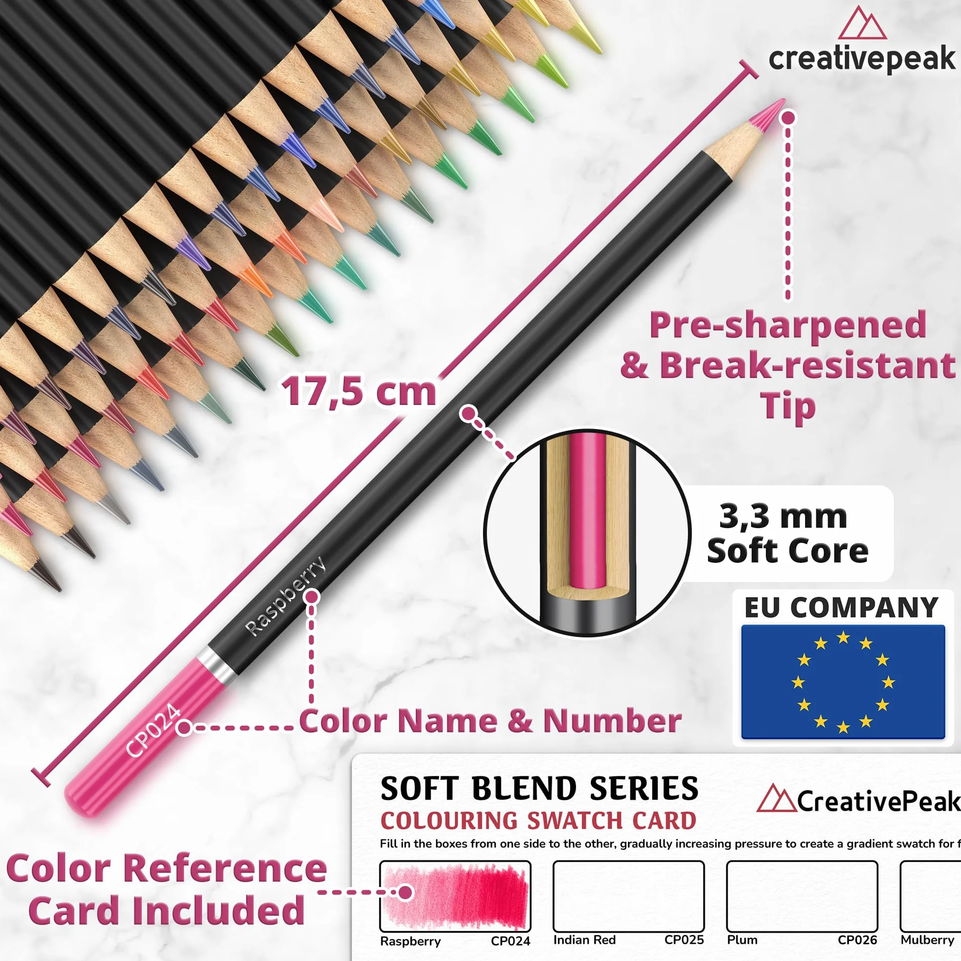 CreativePeak Professional Colouring Pencils - 72 Vibrant Colours + Colour Testing Card + Zip-Up Travel Case - Quality Art Supplies Featuring Soft Wax Cores