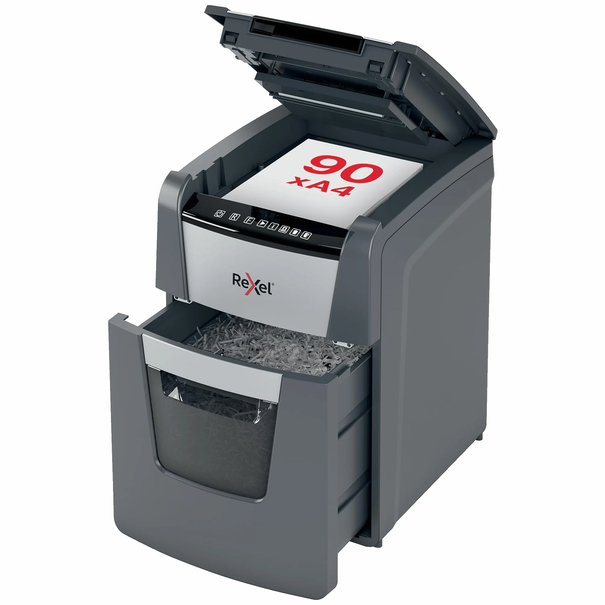 Rexel Optimum Auto Feed+ Automatyczna Niszczarka do Papieru, 90 Arkuszy, Bezpieczeństwo P-4, Tnie na Konfetti, do Domowego Biura, Pojemność 34 L, 2020090X