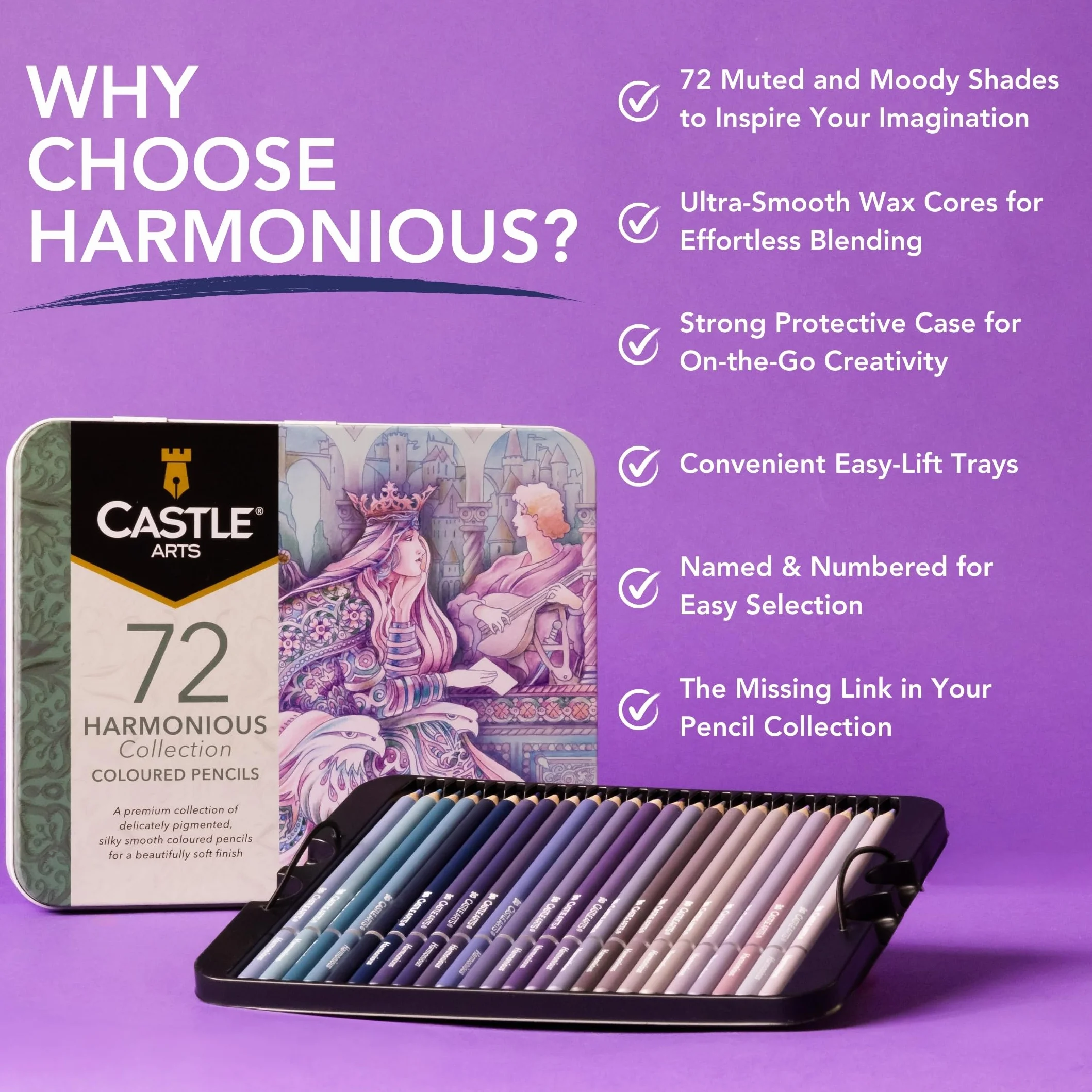 Castle Art Supplies Zestaw 72 harmonijnych kredek, na bazie wosku, miękkie kredki do profesjonalnego mieszania, unikalna wyciszona i nastrojowa paleta dla dorosłych artystów, zorganizowana w puszce