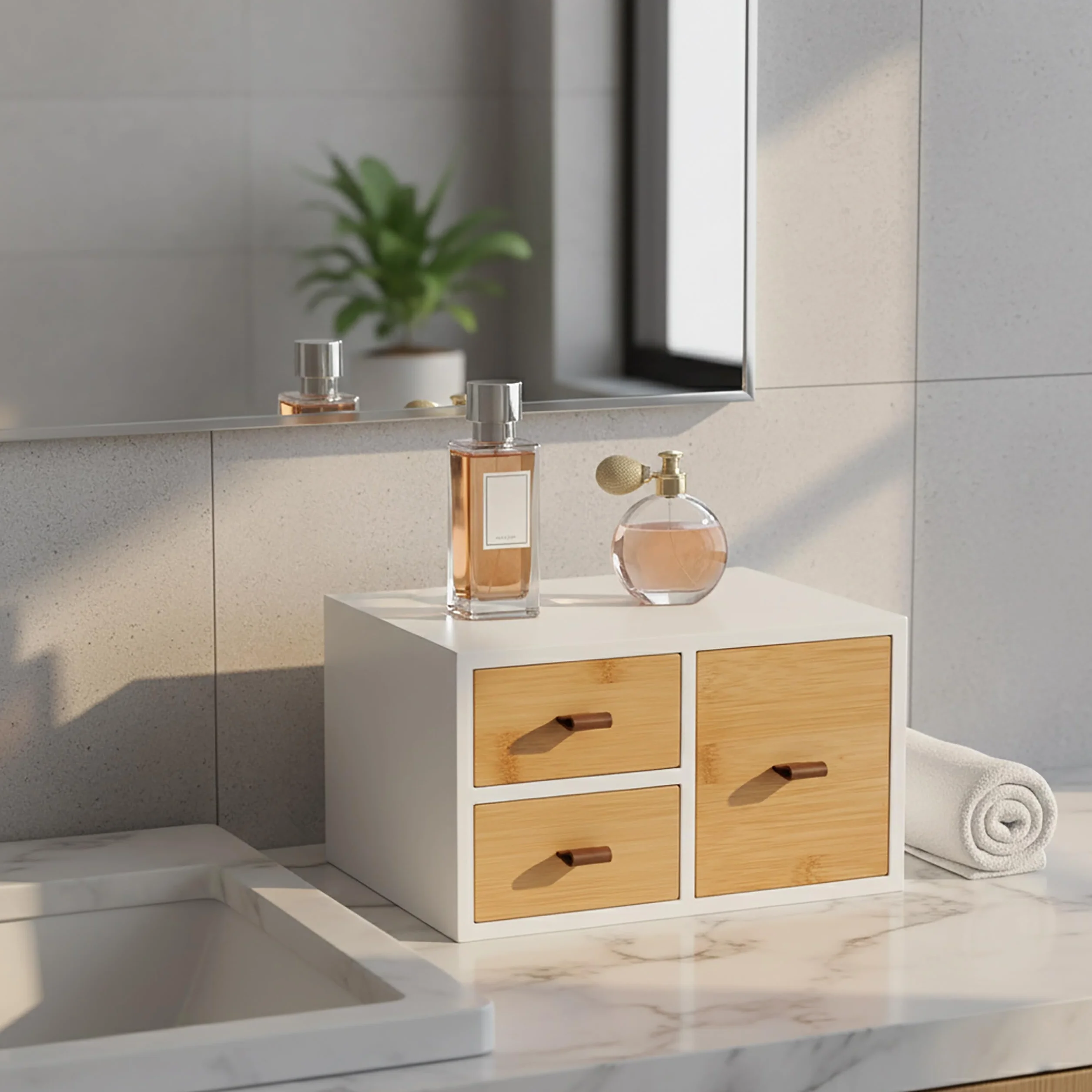 Relaxdays Pudełko z szufladami z bambusa i płyty MDF, 3 szuflady, pętelki, wys. x gł.: 15 x 25 x 20 cm, organizer na biurko, naturalny/biały