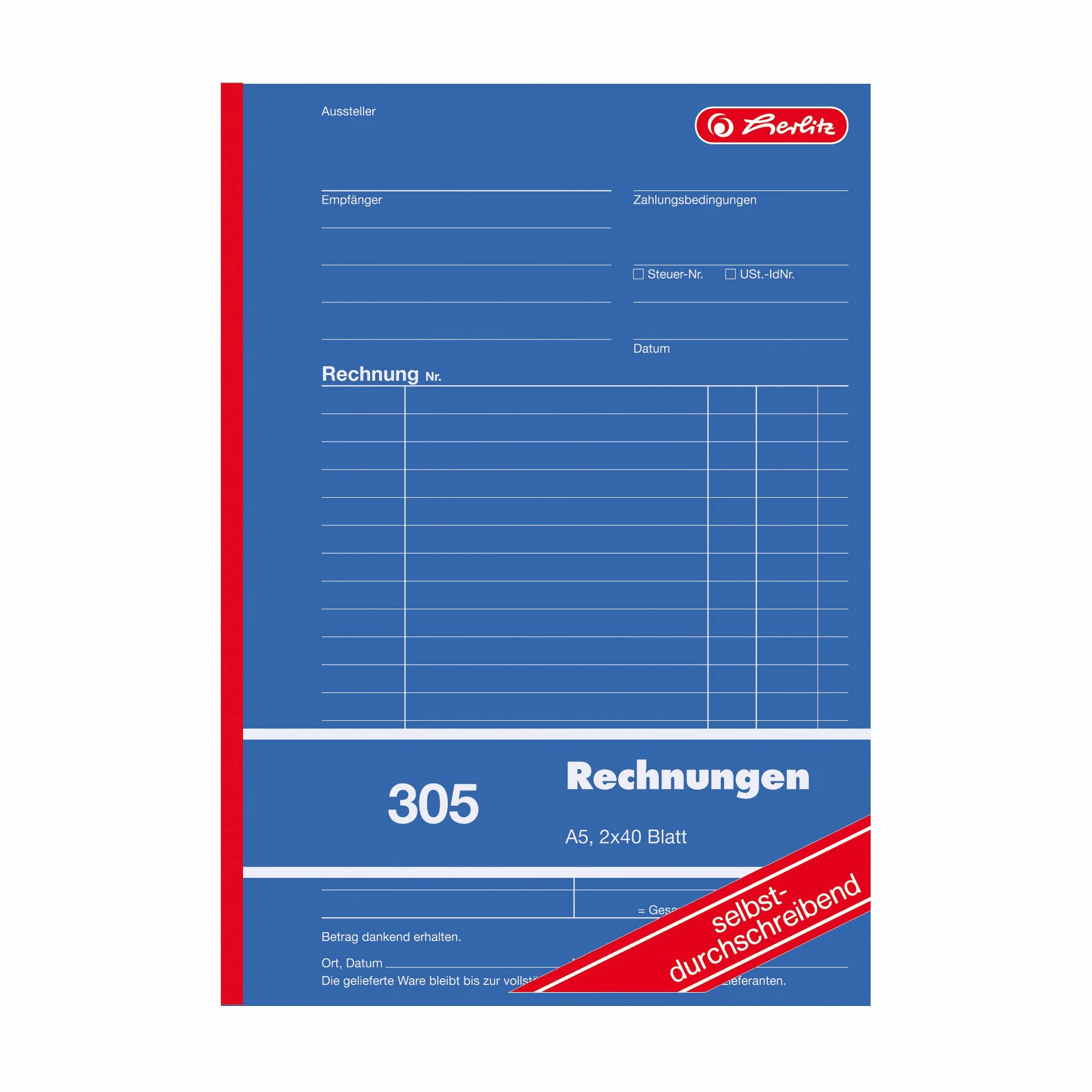 Herlitz 1932862 Książka z rachunkami, A5, 305 2 x 40 arkuszy, samokopiujący, 4 sztuki