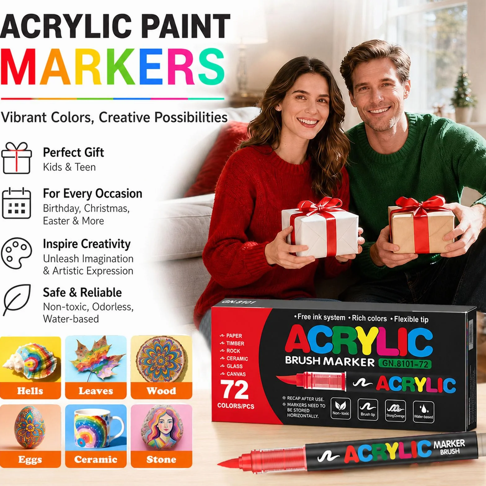 Zestaw 72 Acrylic Paint Pens · Akrylowe Pisaki z Końcówką Pędzelkową · Markery na Bazie Wody · Kryjące Pisaki do Kamienia, Szkła, Tkanin, Drewna, Płótna