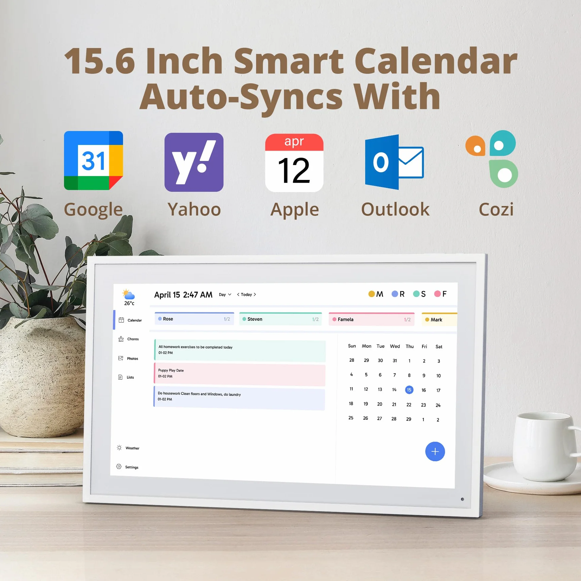 Dragon Touch Cyfrowy kalendarz ścienny 15,6 cala 1920 x 1080 FHD, elektroniczny kalendarz ścienny, planer rodzinny z pamięcią 32 GB i uchwytem ściennym, ekran dotykowy, kalendarz