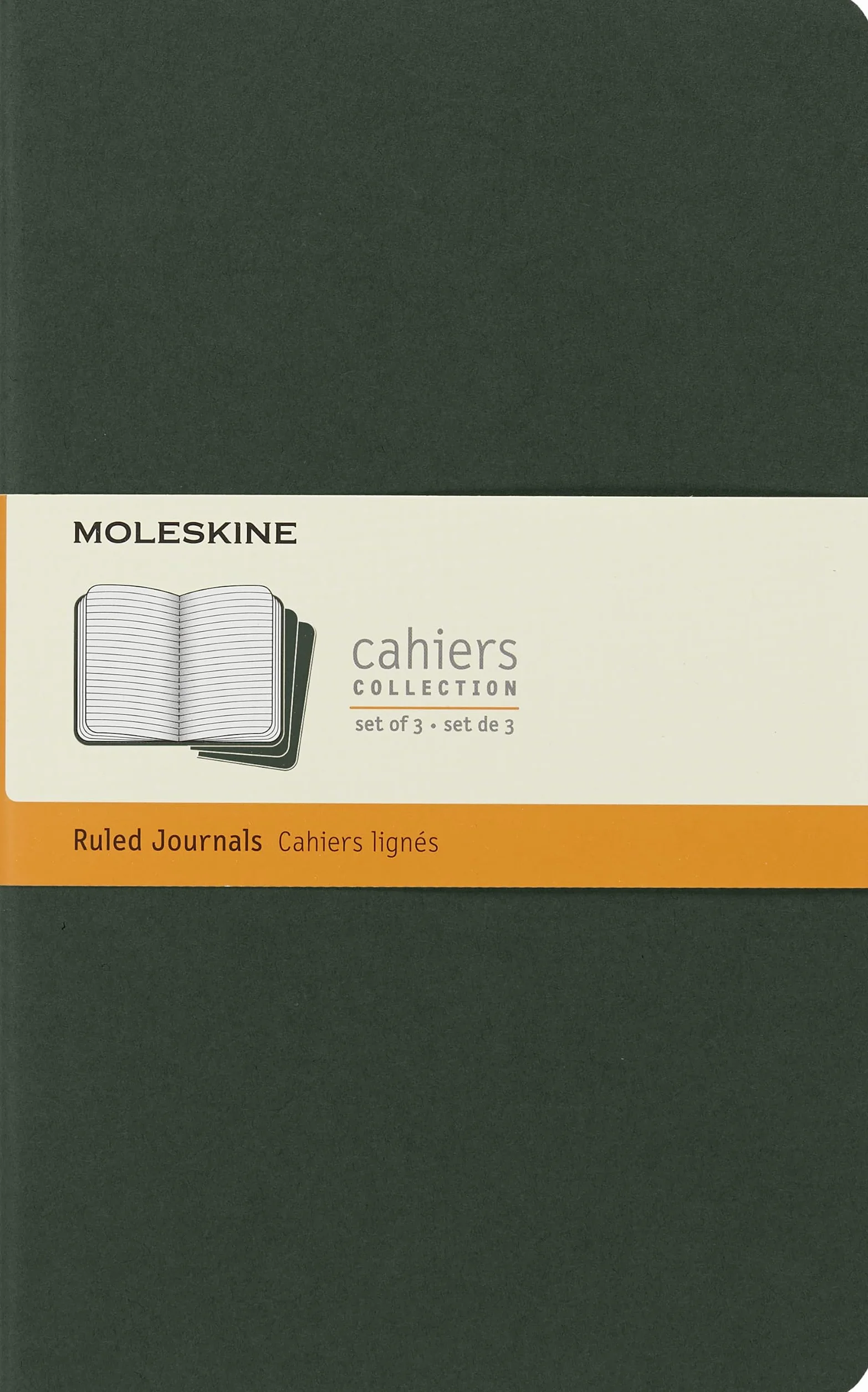 Moleskine Cahier Journal, Set 3 Notebooks with Ruled Pages, Cardboard Cover with Visible Cotton Stiching, Colour Myrtle Green, Large 13 x 21 cm, 80 Pages