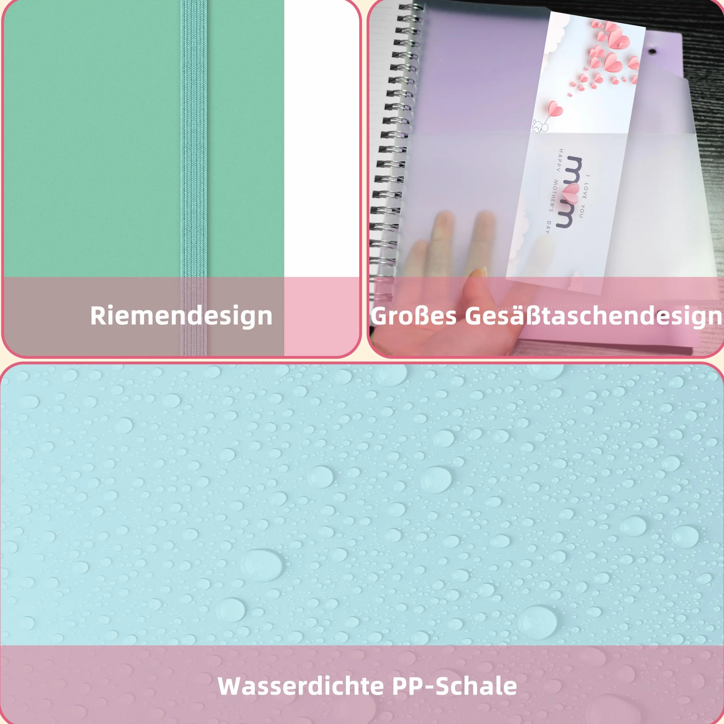 Notatnik Qefuna A4 w kropki, Bullet Dot Journal, 300-stronicowy notatnik na spirali, papier atramentoodporny 100g/m², twarda okładka z PVC, z linijką, rozszerzalne kieszenie, 21x 28 cm -Zielony