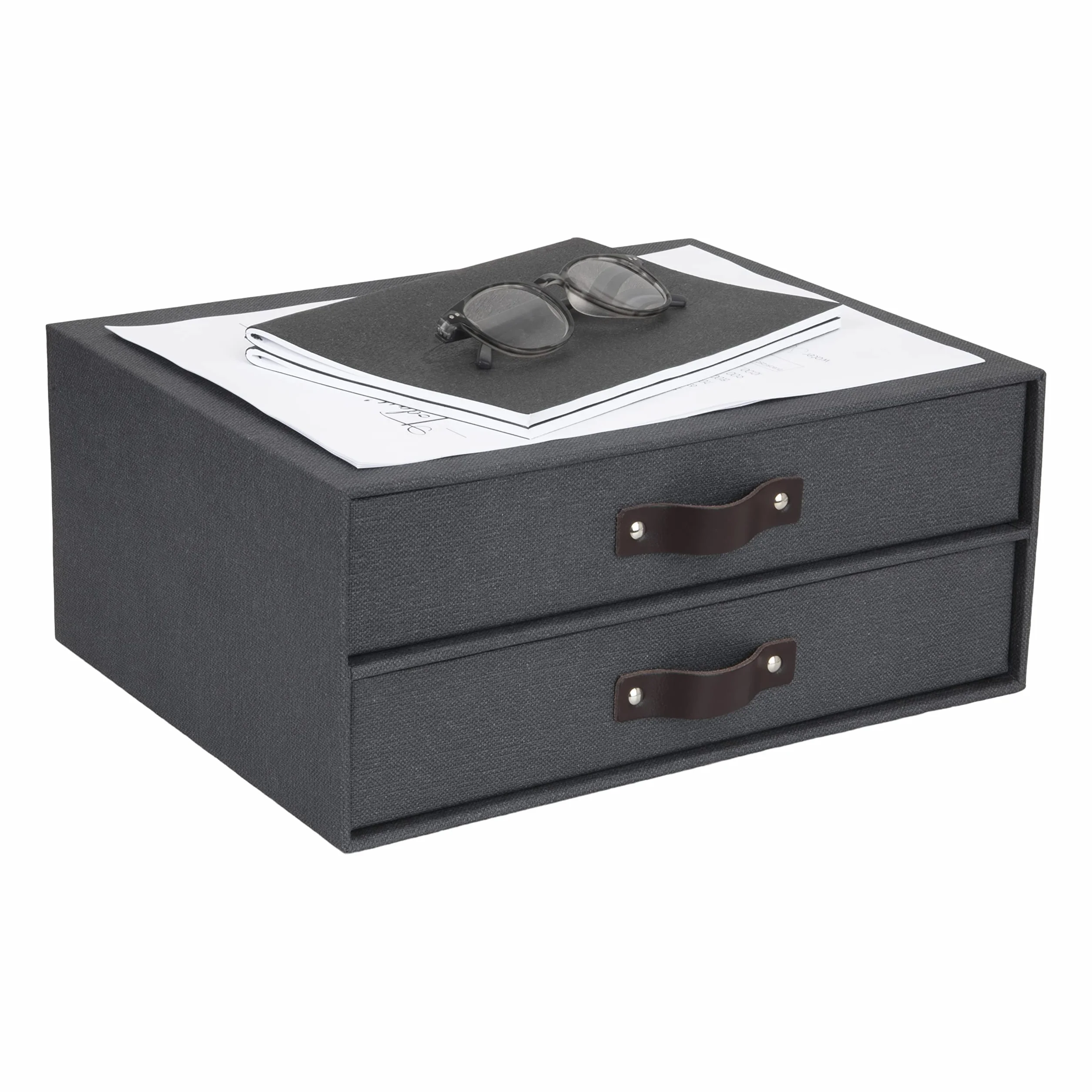 Bigso Box of Sweden 9431C6849LEA648 Mini komoda biurowa na dokumenty i materiały biurowe – Organizer na biurko z 2 szufladami – pudełko z szufladami z włókna drzewnego i papieru – czarny