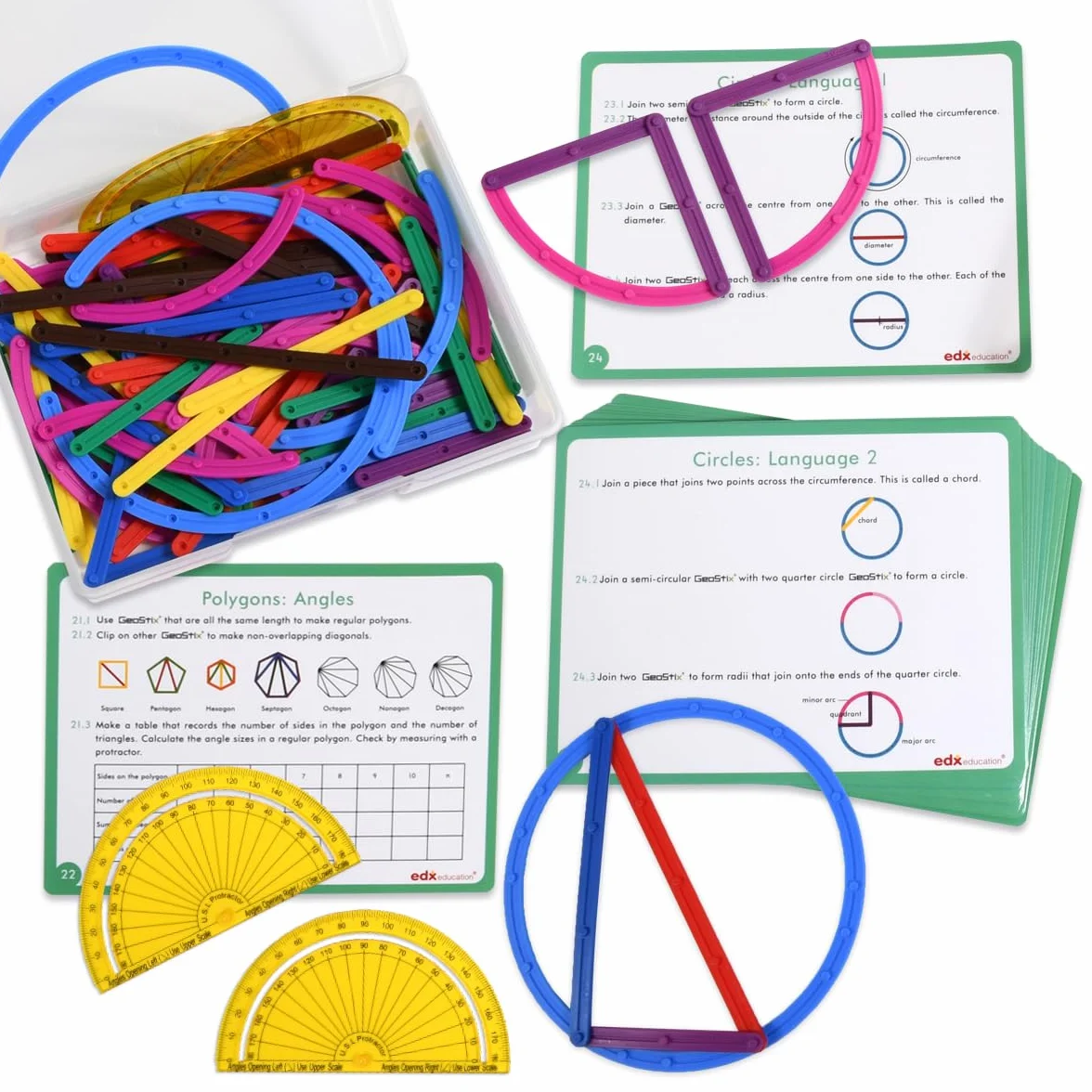 edxeducation GeoStix Deluxe zestaw | Teach Geometry | 100 patyczków konstrukcyjnych, 2 kątomierze, karty aktywności, manipulacja matematyką, sztuką i motoryką