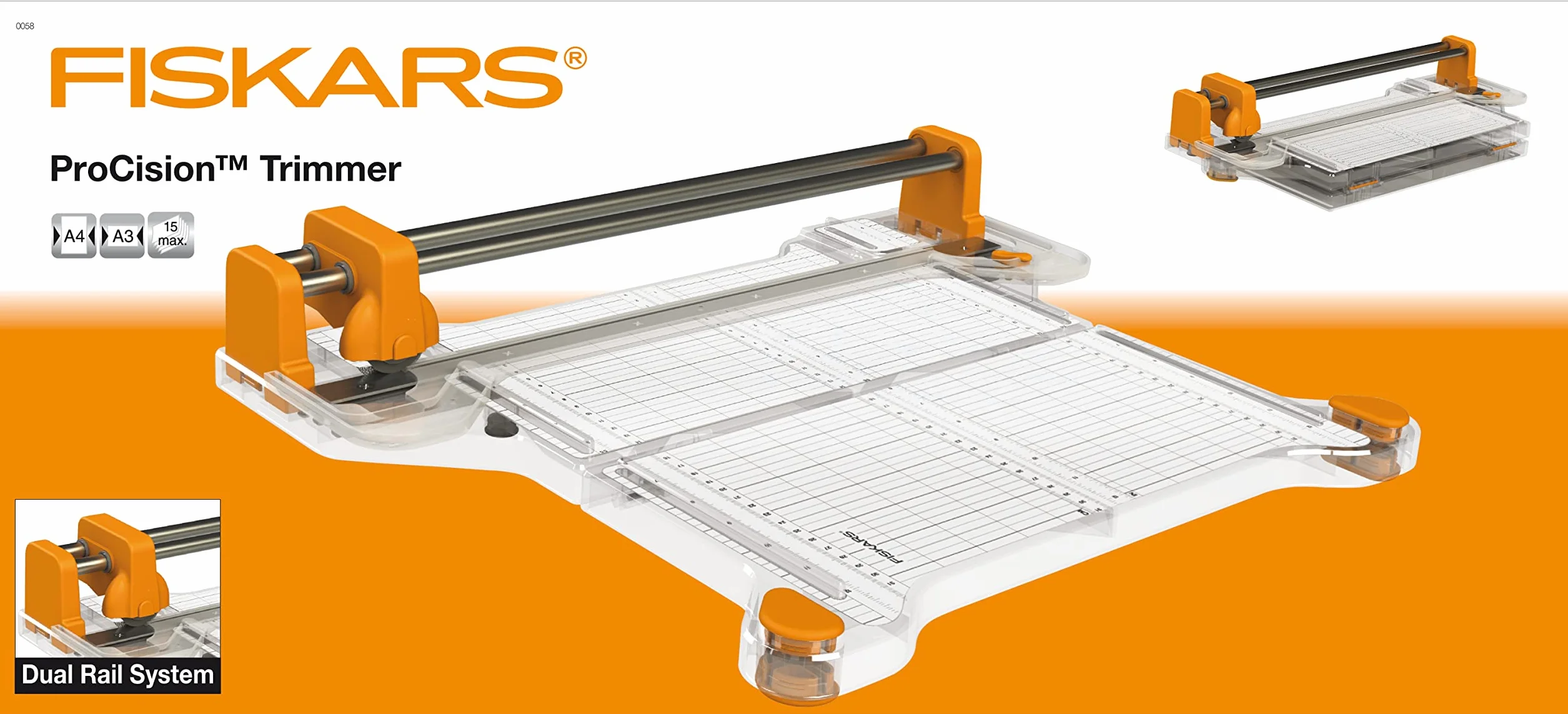 Fiskars Trymer ProCision, A4, Do szczególnie grubych materiałów, Z systemem podwójnych szyn prowadzących, Pomarańczowy/biały, 1015748