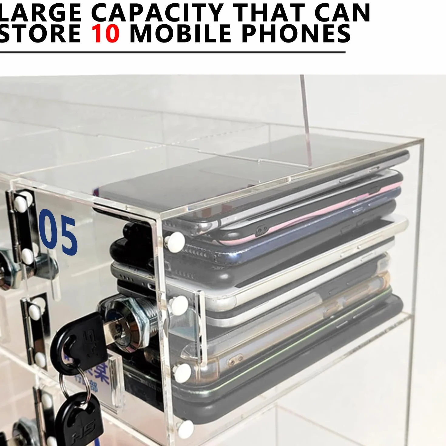 Akrylowe pudełko na telefon komórkowy z 10 przegródkami, zamykane z zamkiem i kluczem